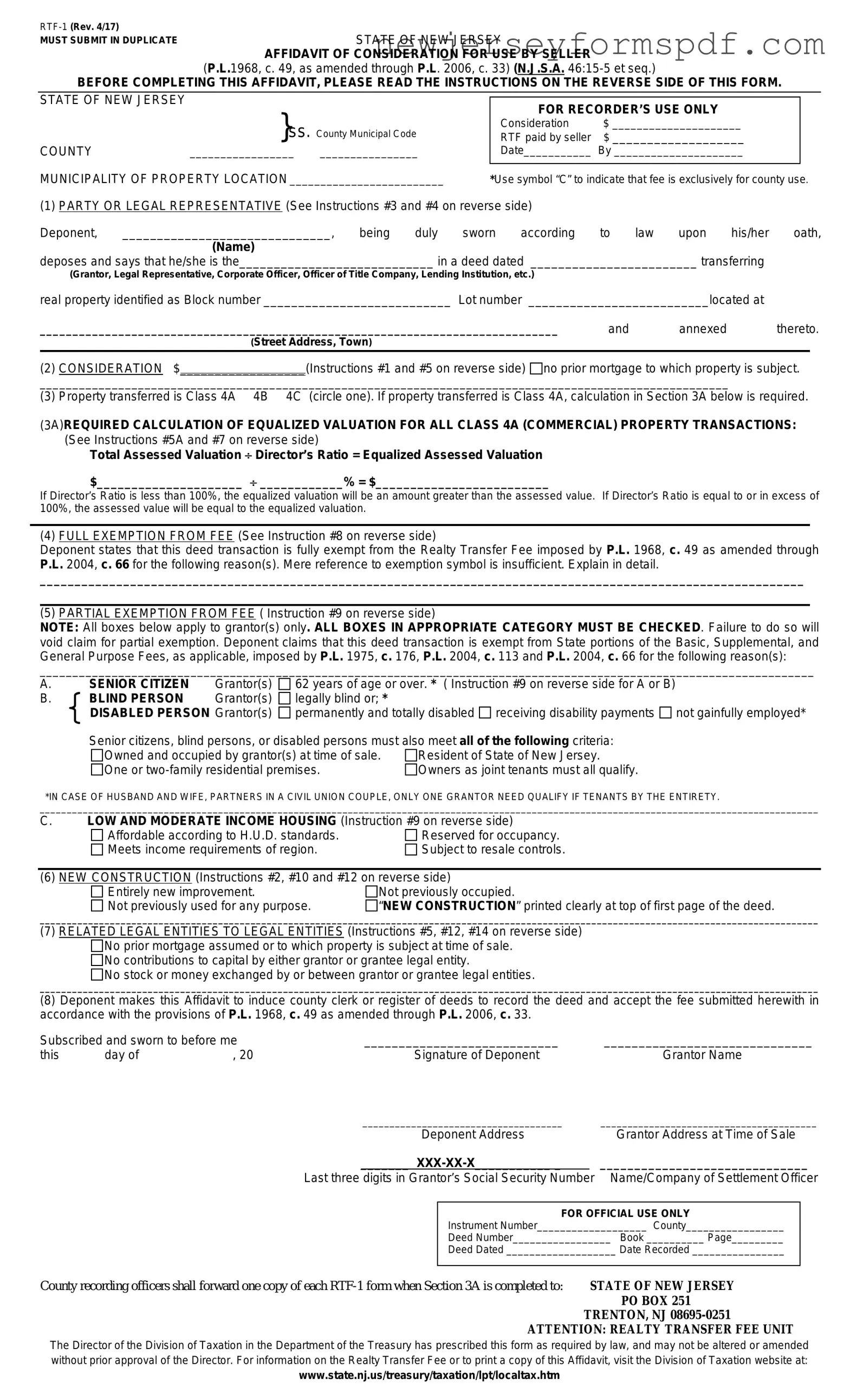 Fill Out a Valid New Jersey Affidavit of Consideration RTF-1 Template