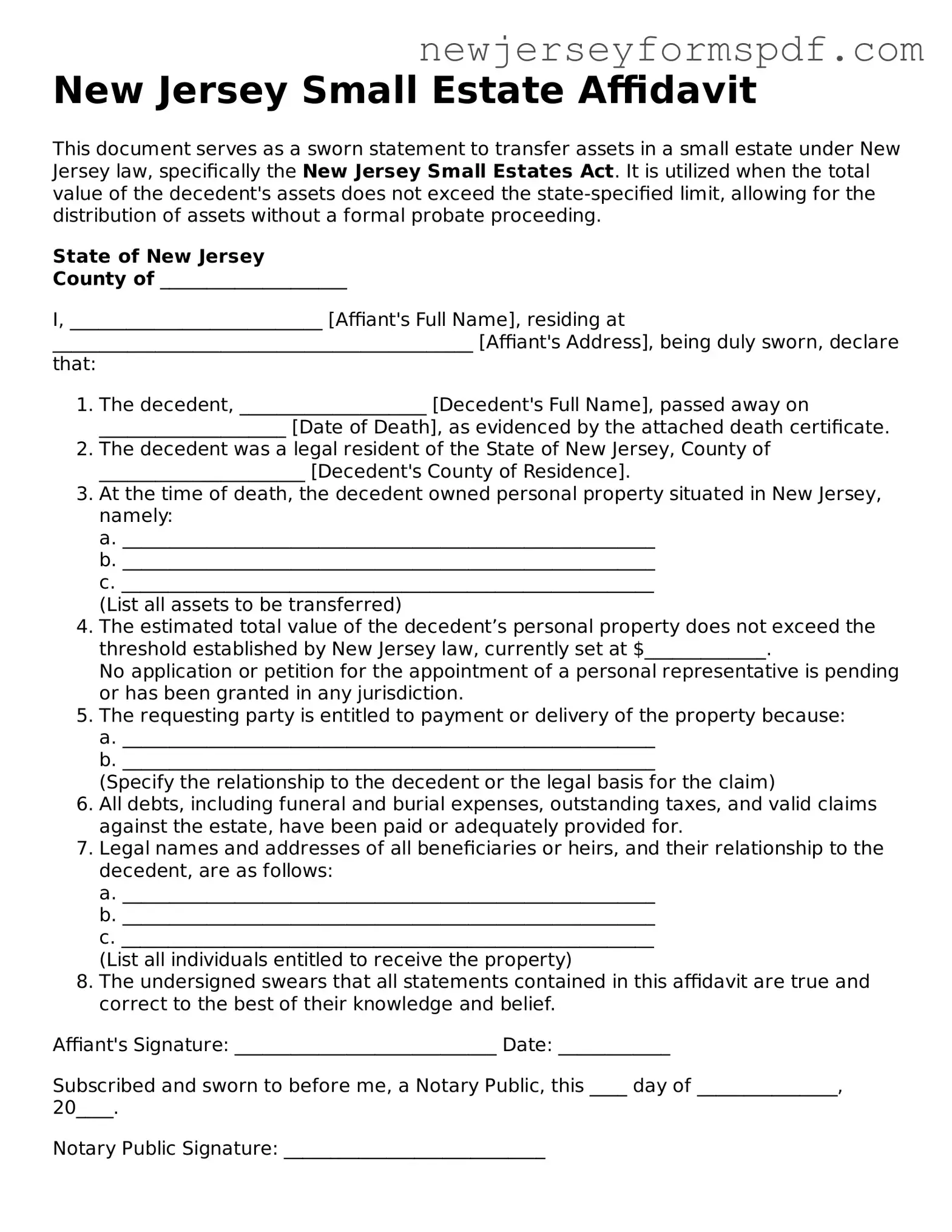 Valid Small Estate Affidavit Form for the State of New Jersey