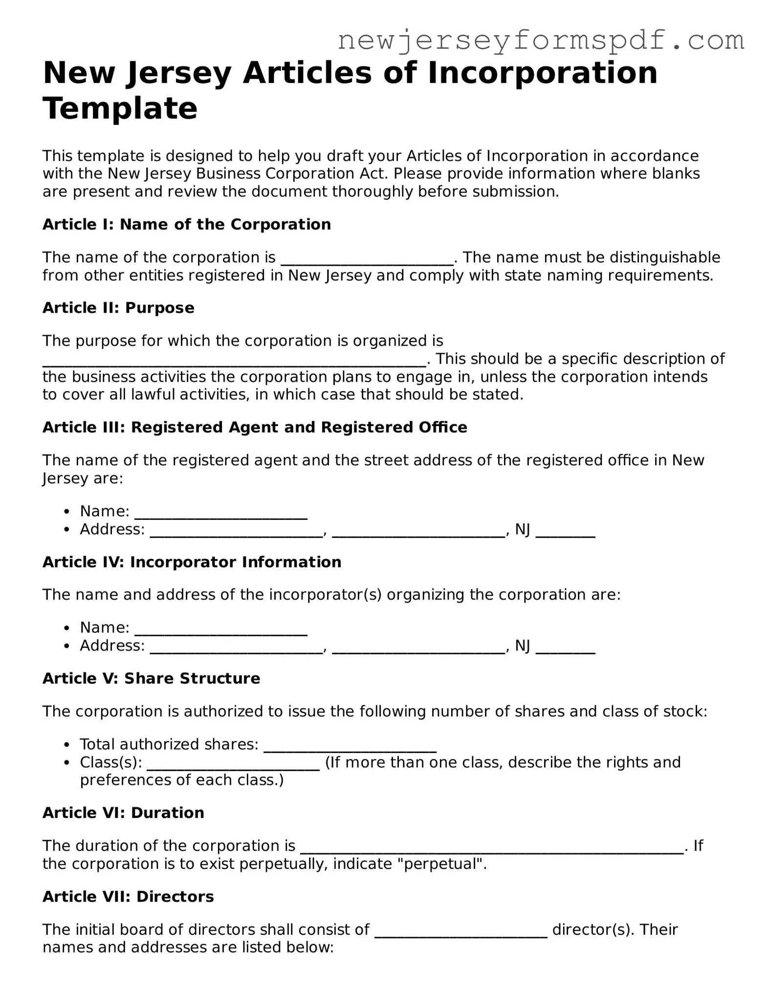 Valid Articles of Incorporation Form for the State of New Jersey