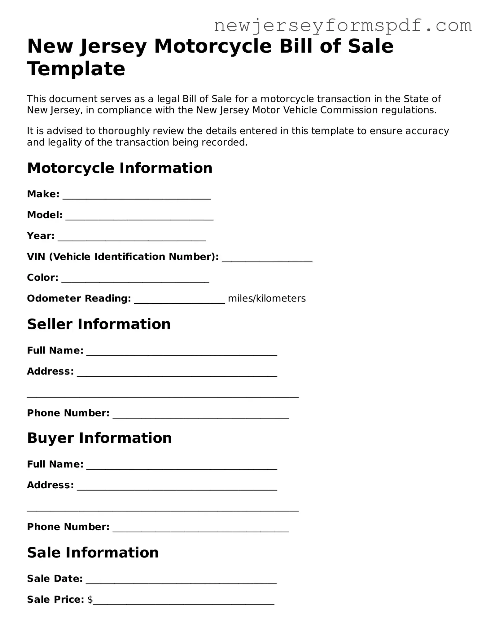 Valid Motorcycle Bill of Sale Form for the State of New Jersey