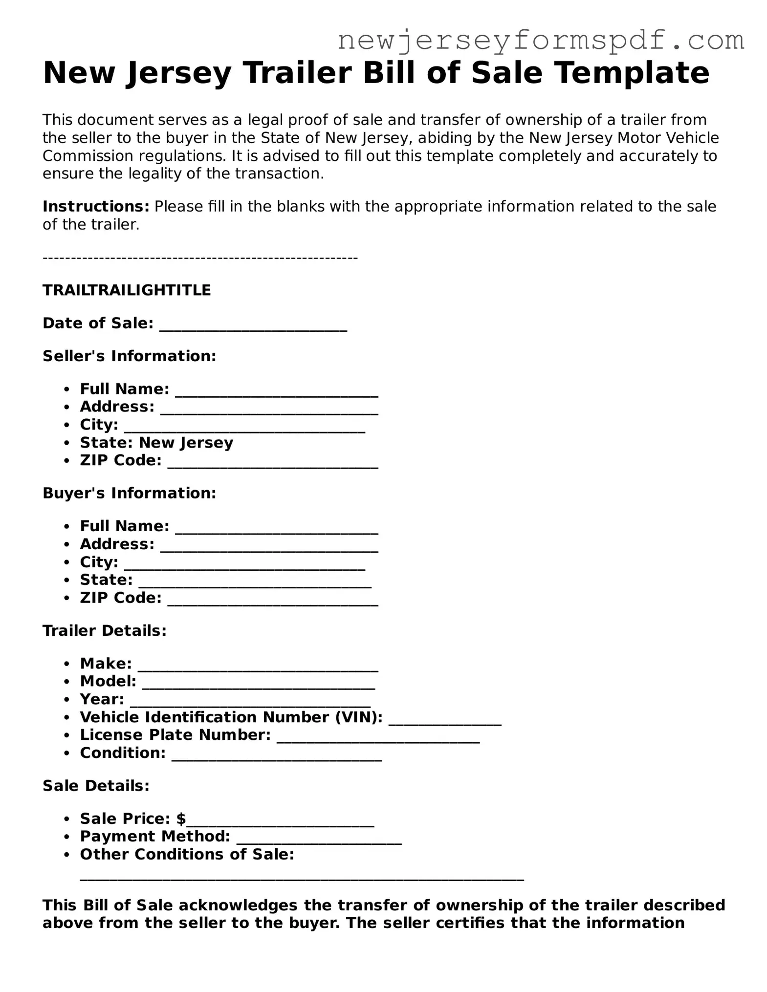 Valid Trailer Bill of Sale Form for the State of New Jersey