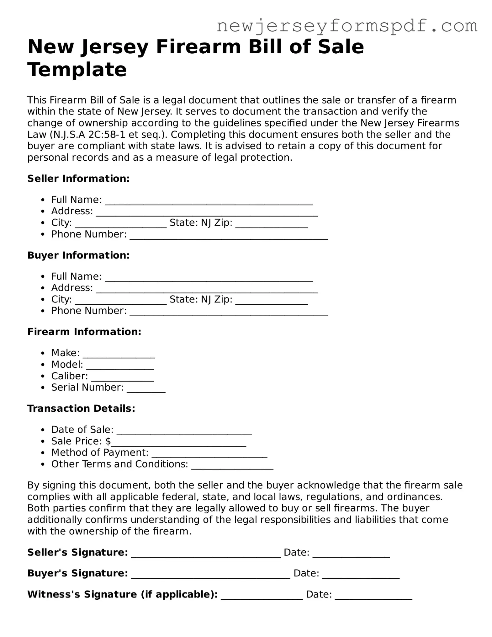 Valid Firearm Bill of Sale Form for the State of New Jersey