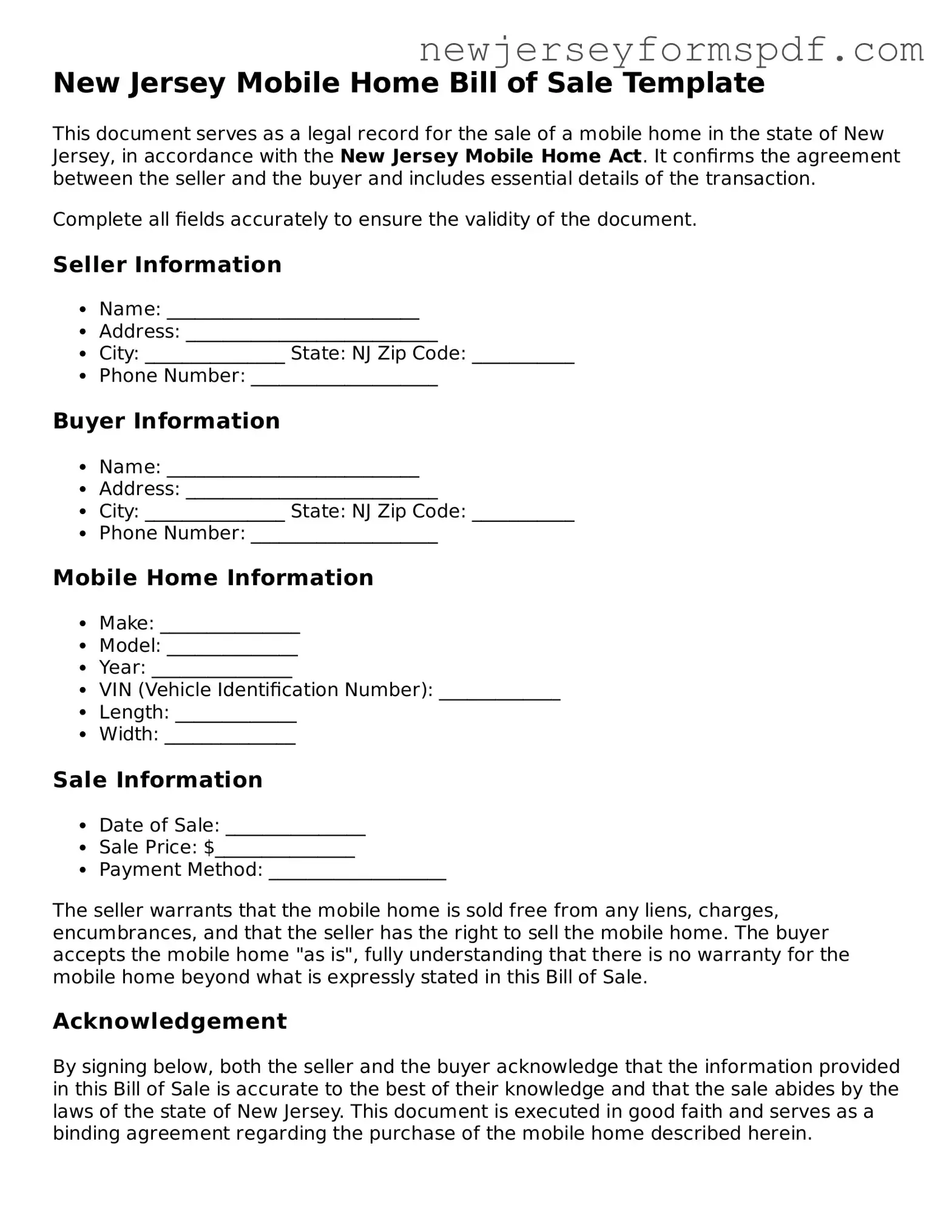 Valid Mobile Home Bill of Sale Form for the State of New Jersey