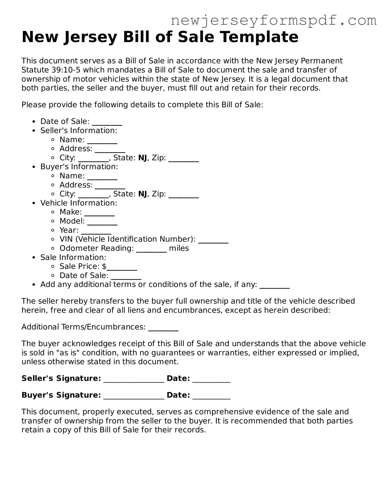 Valid Bill of Sale Form for the State of New Jersey