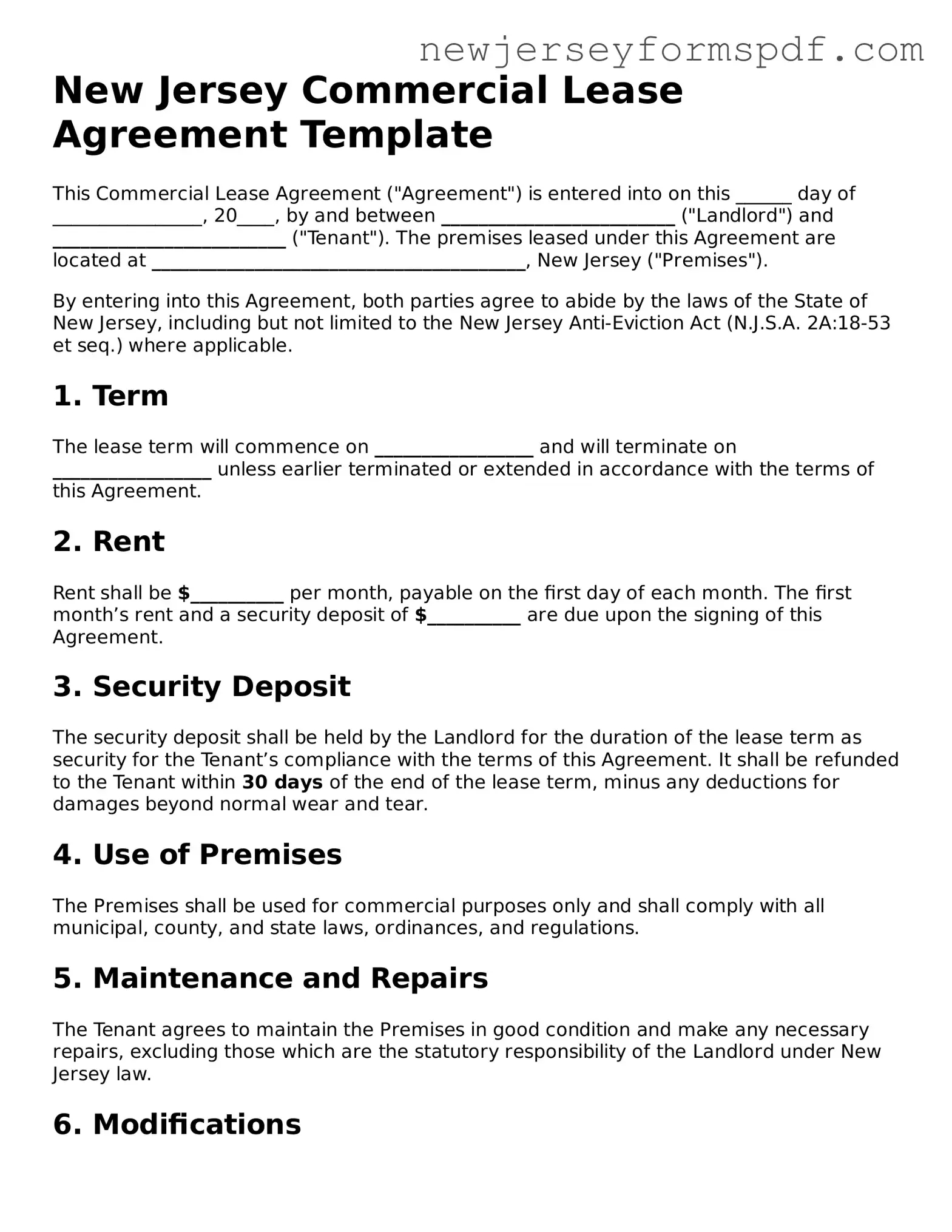 Valid Commercial Lease Agreement Form for the State of New Jersey