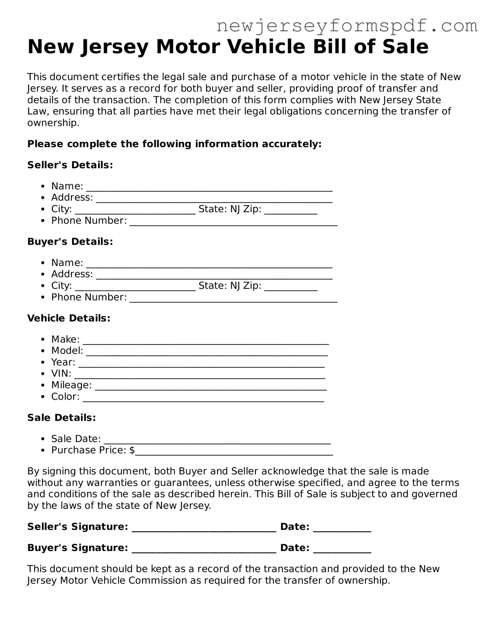 Valid Motor Vehicle Bill of Sale Form for the State of New Jersey