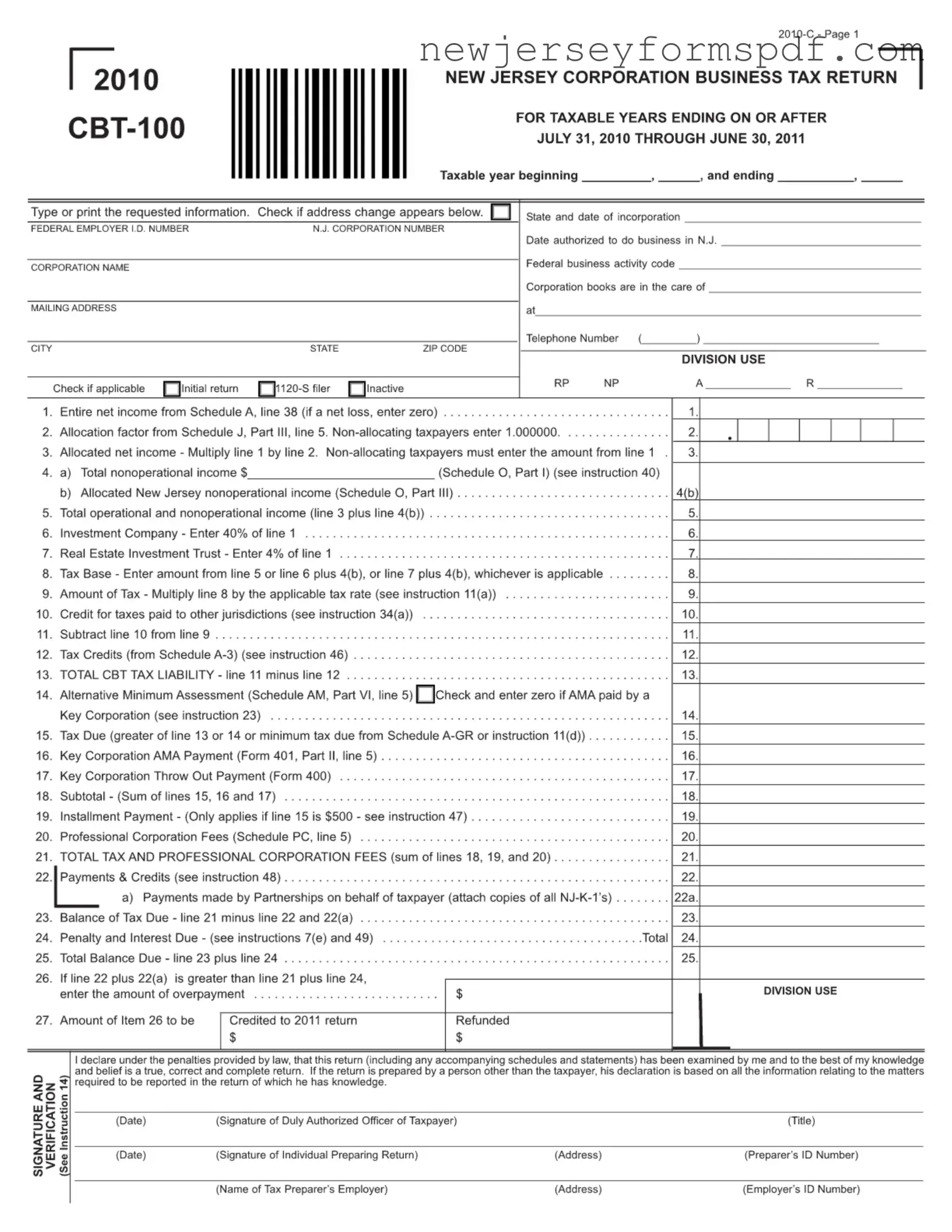 Fill Out a Valid New Jersey Cbt 100 Template