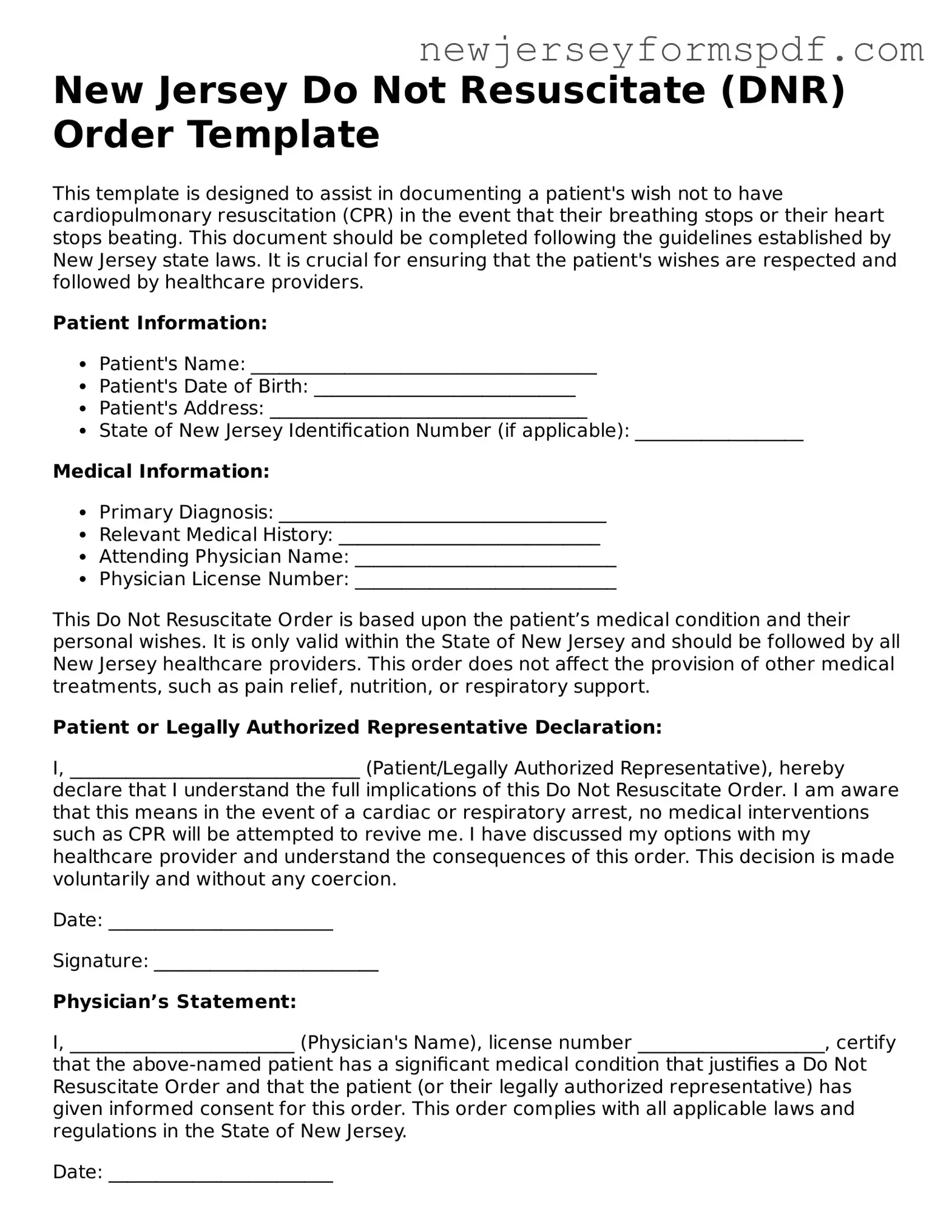 Valid Do Not Resuscitate Order Form for the State of New Jersey