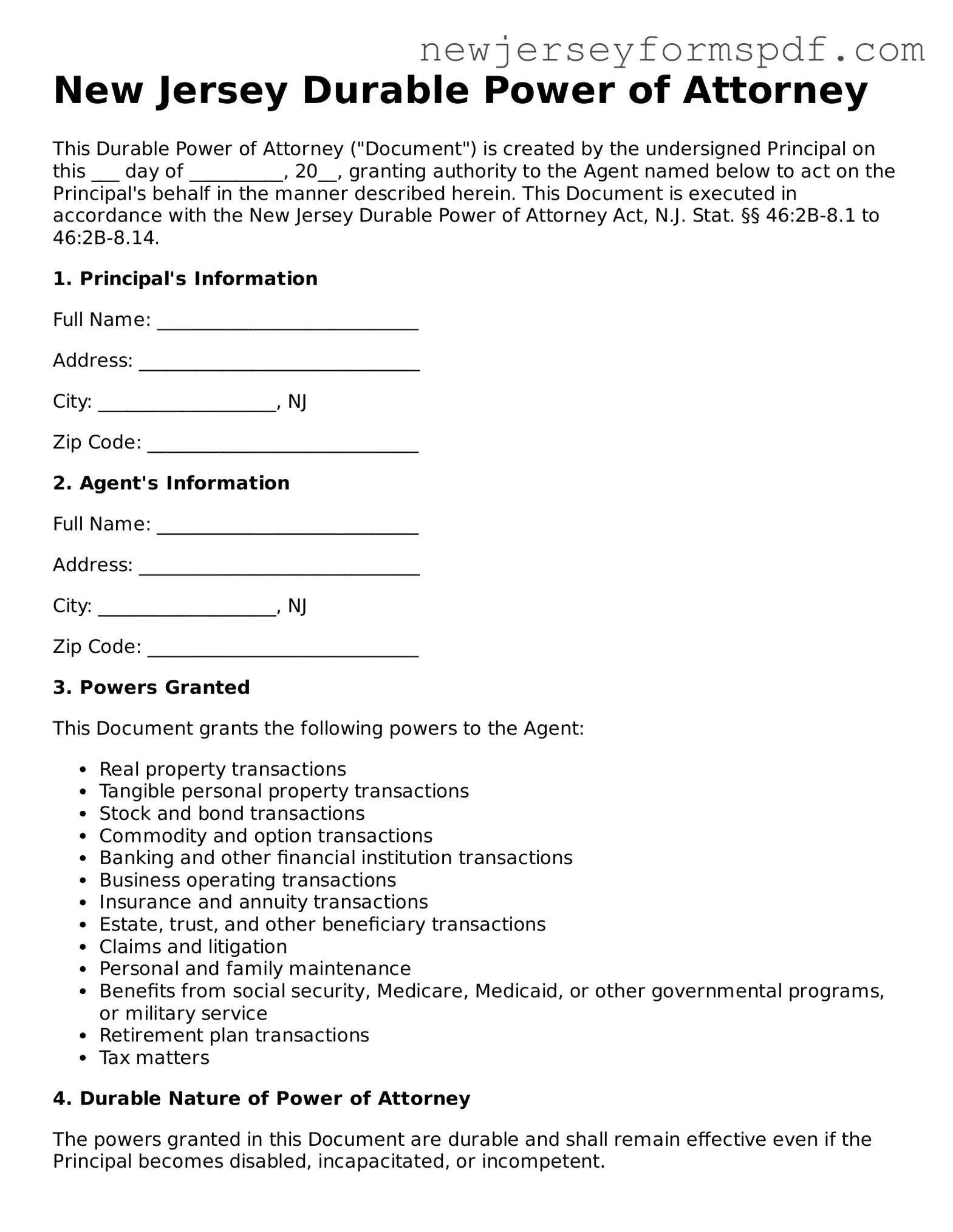 Valid Durable Power of Attorney Form for the State of New Jersey