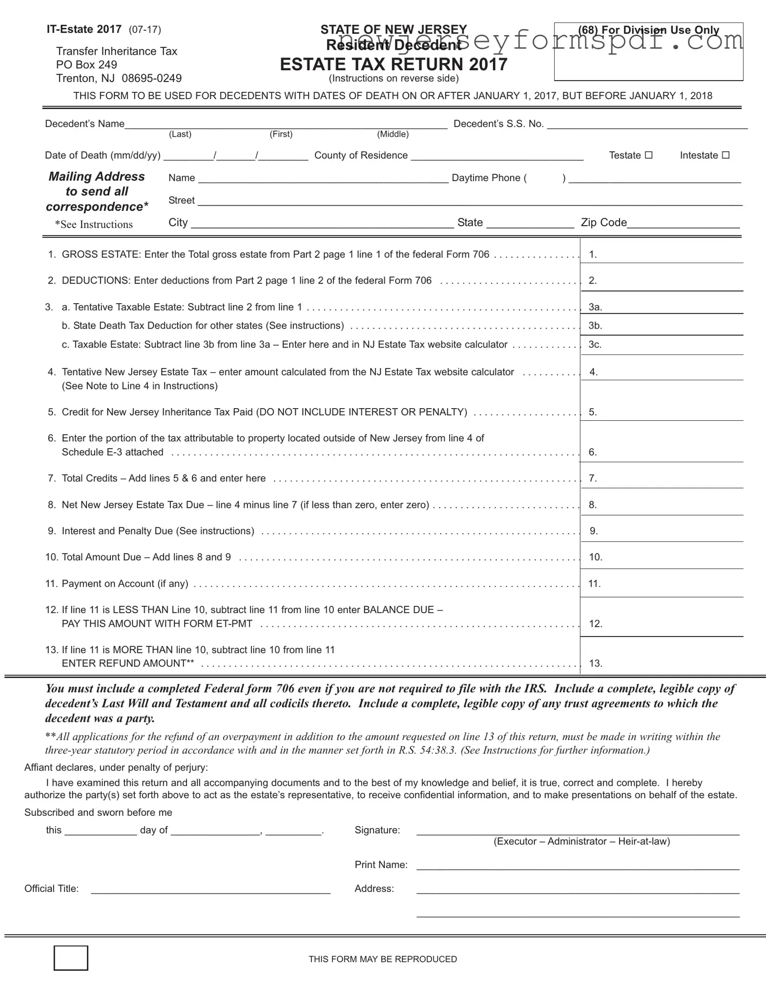 Fill Out a Valid New Jersey Estate Tax Return Template