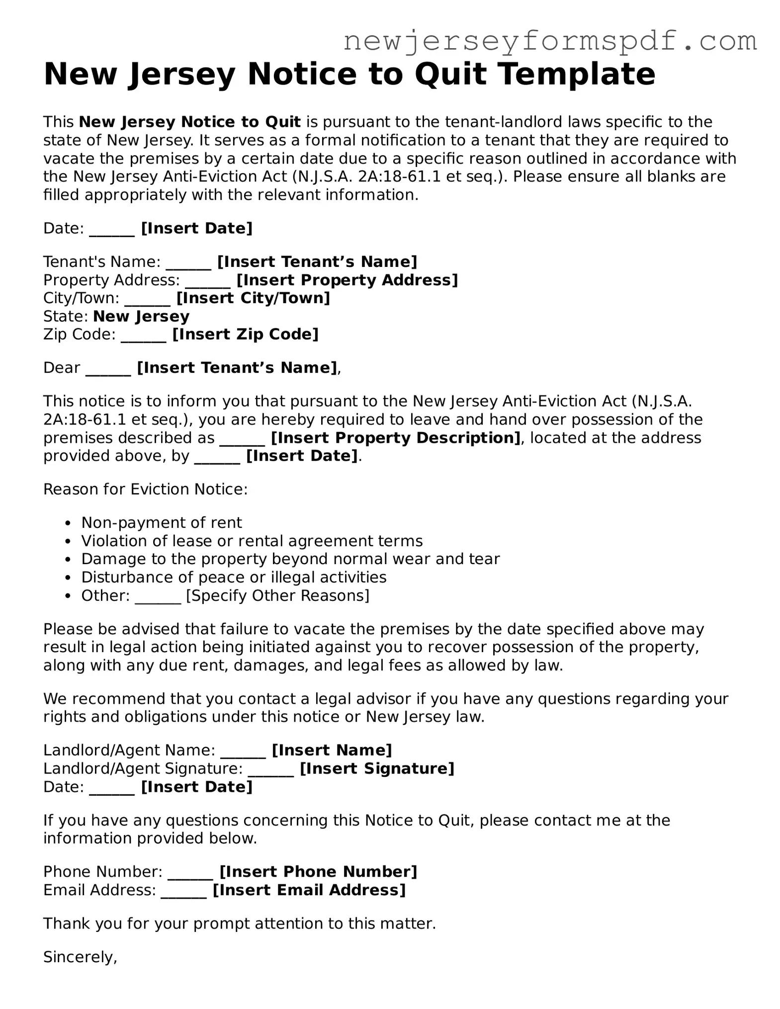 Valid Notice to Quit Form for the State of New Jersey