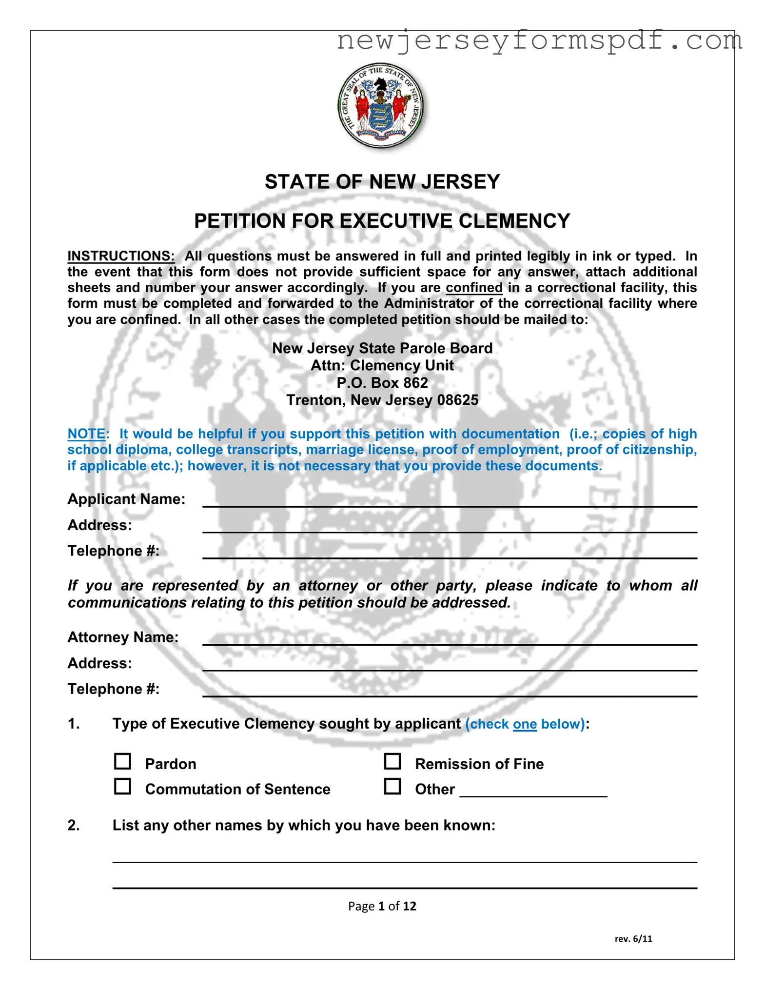 Fill Out a Valid New Jersey Executive Clemency Template