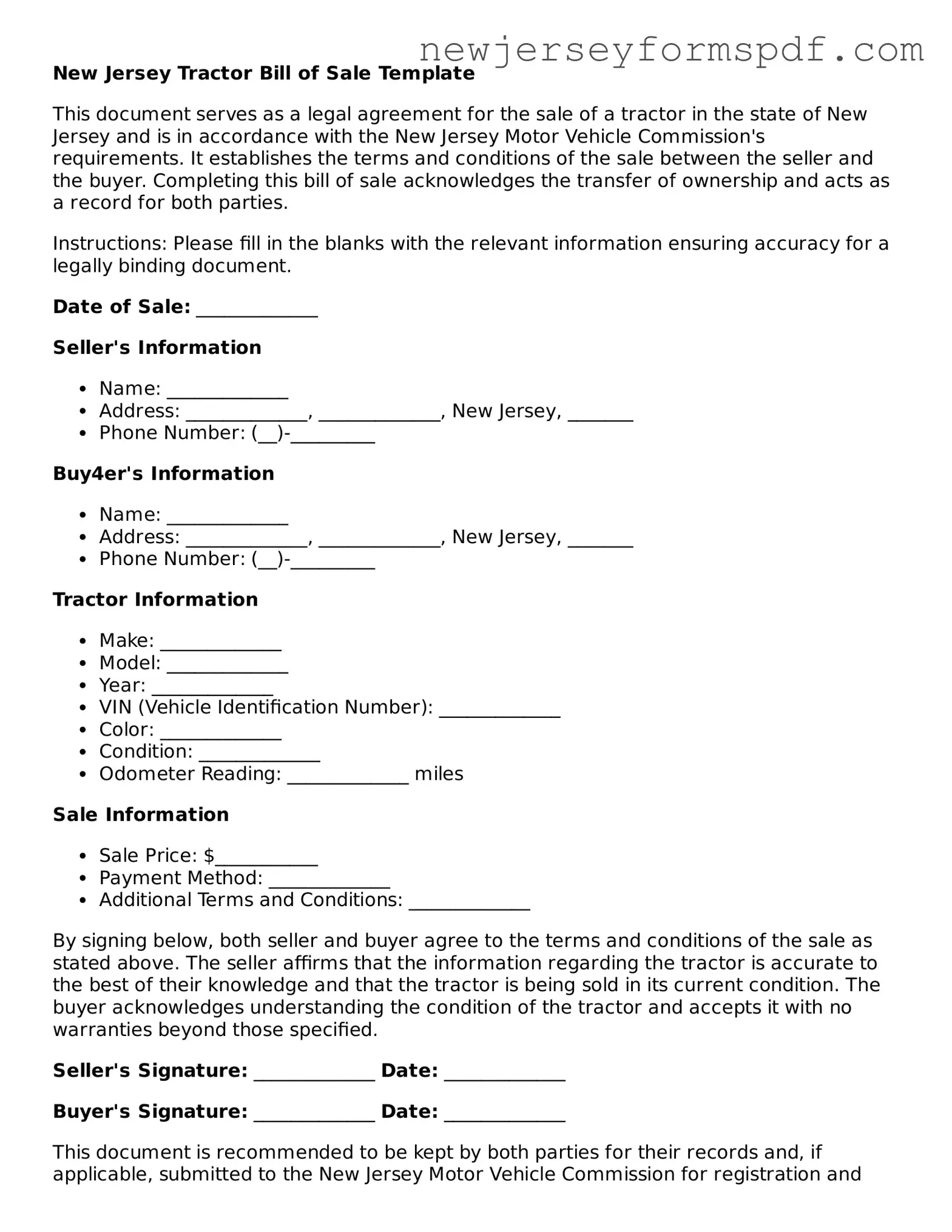 Valid Tractor Bill of Sale Form for the State of New Jersey
