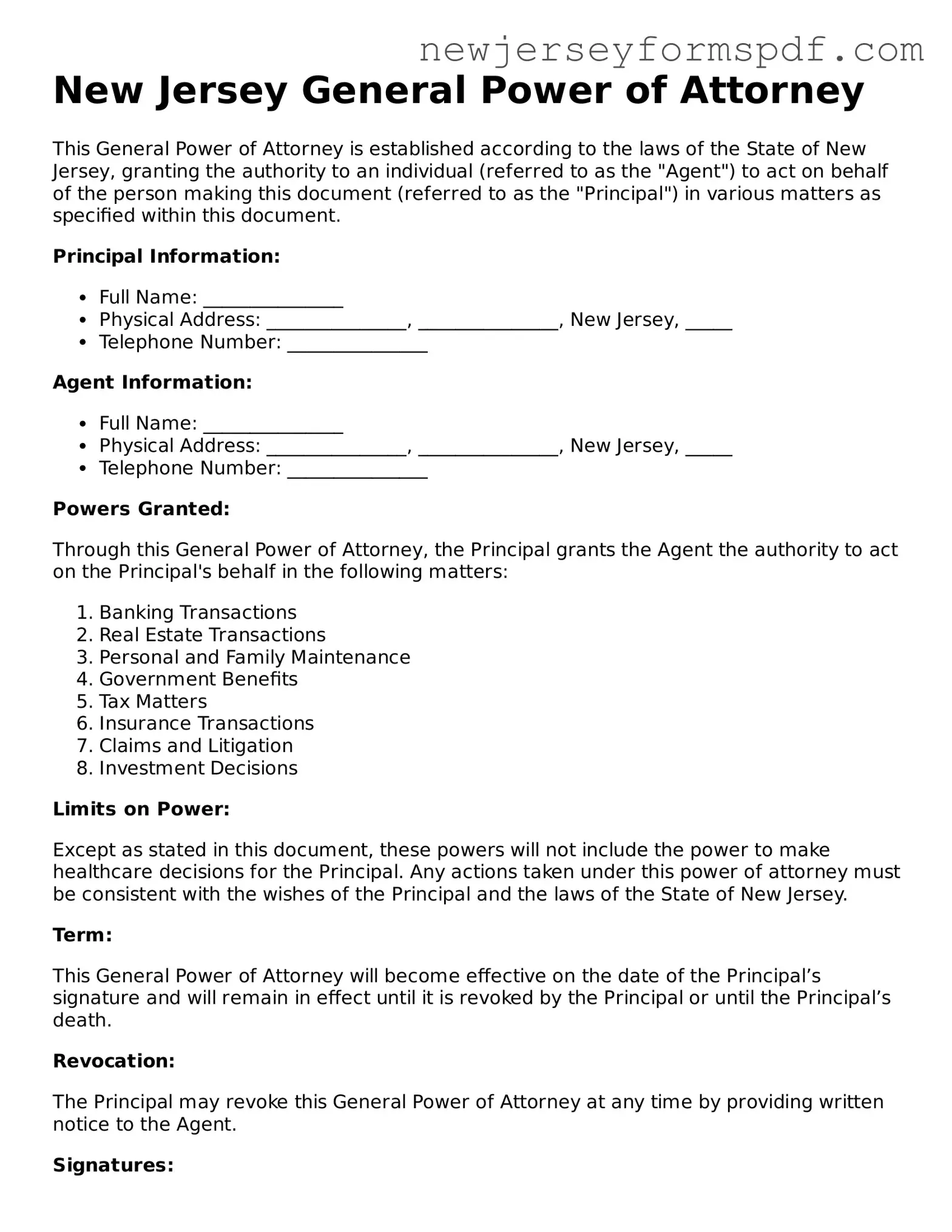 Valid General Power of Attorney Form for the State of New Jersey