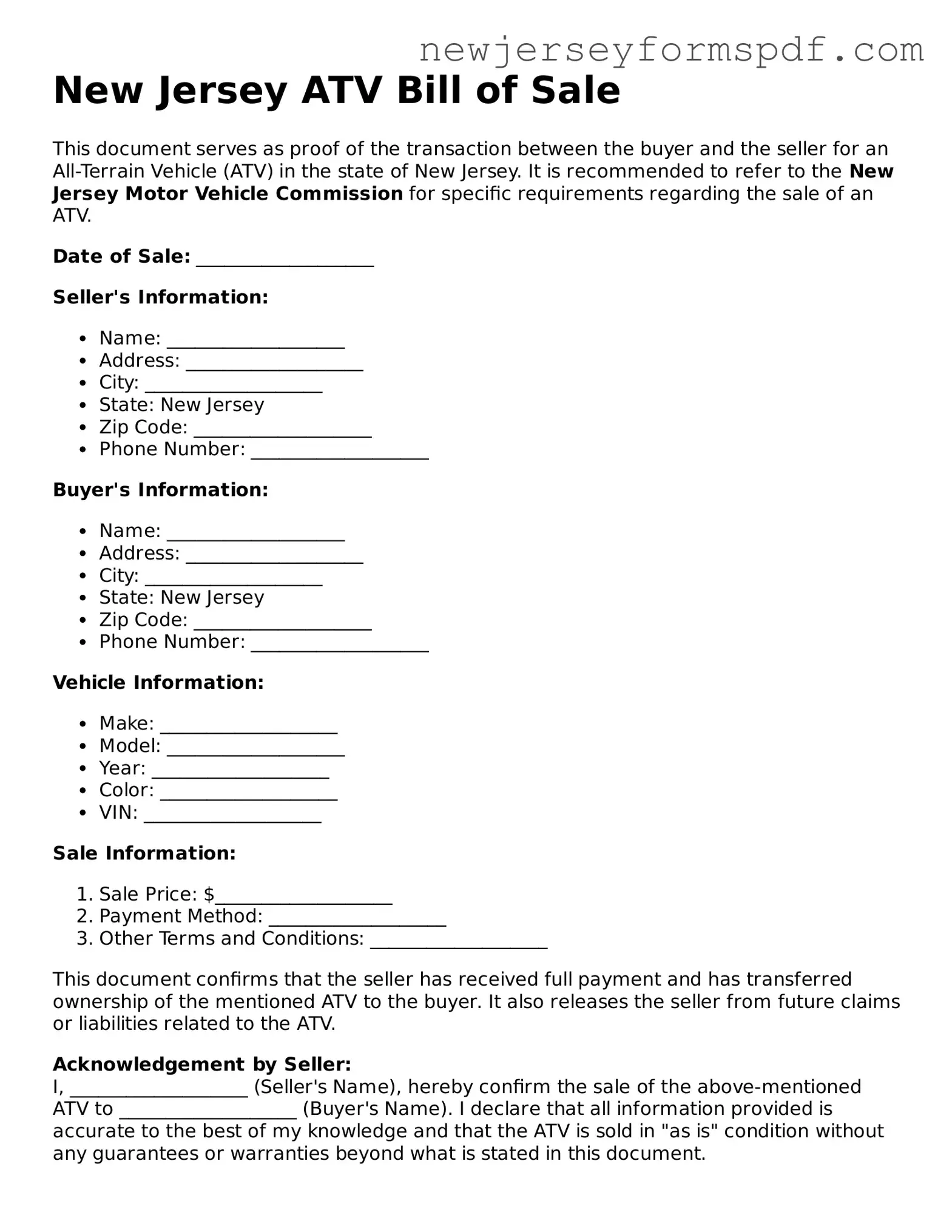 Valid ATV Bill of Sale Form for the State of New Jersey