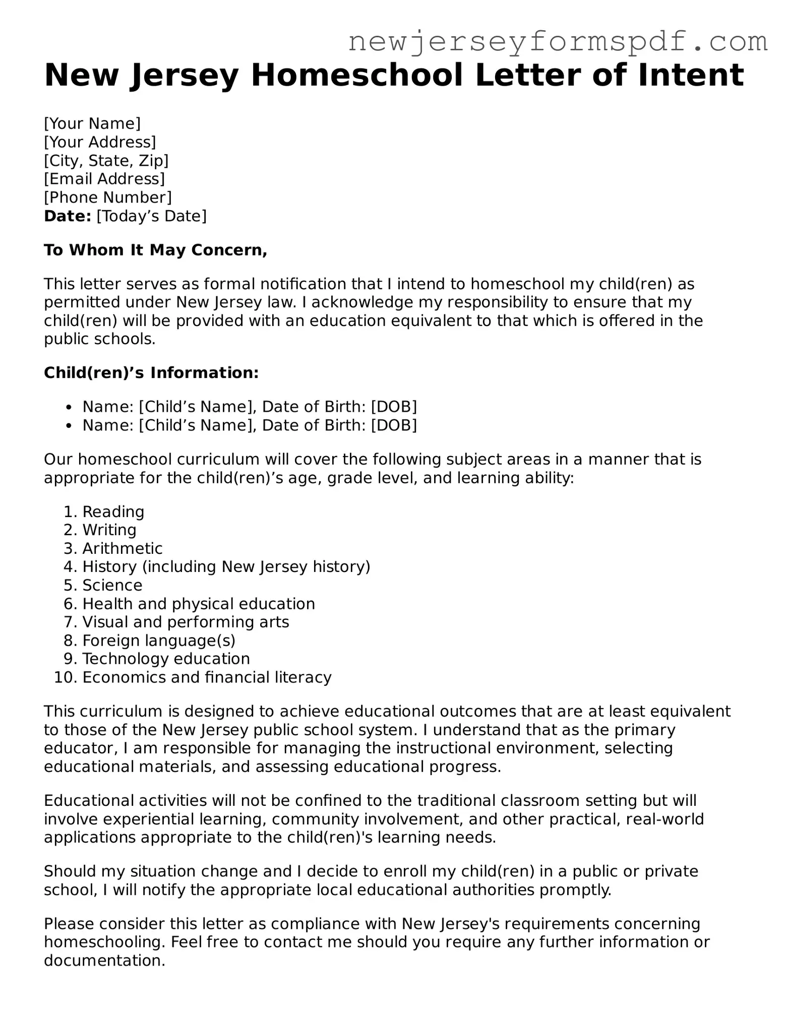 Valid Homeschool Letter of Intent Form for the State of New Jersey