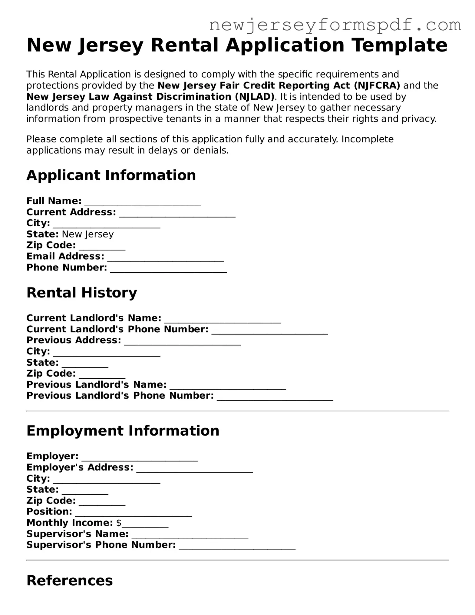 Valid Rental Application Form for the State of New Jersey