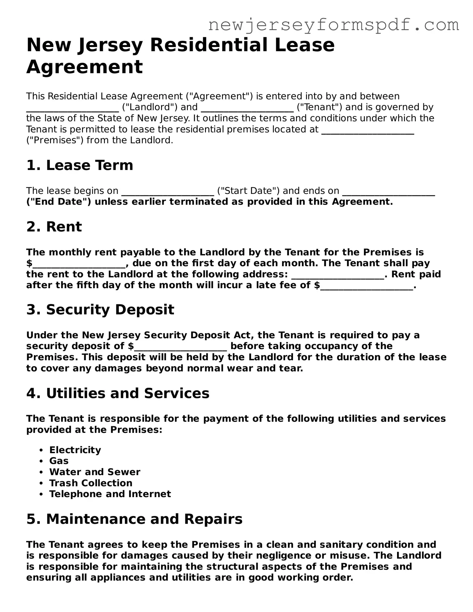 Valid Residential Lease Agreement Form for the State of New Jersey