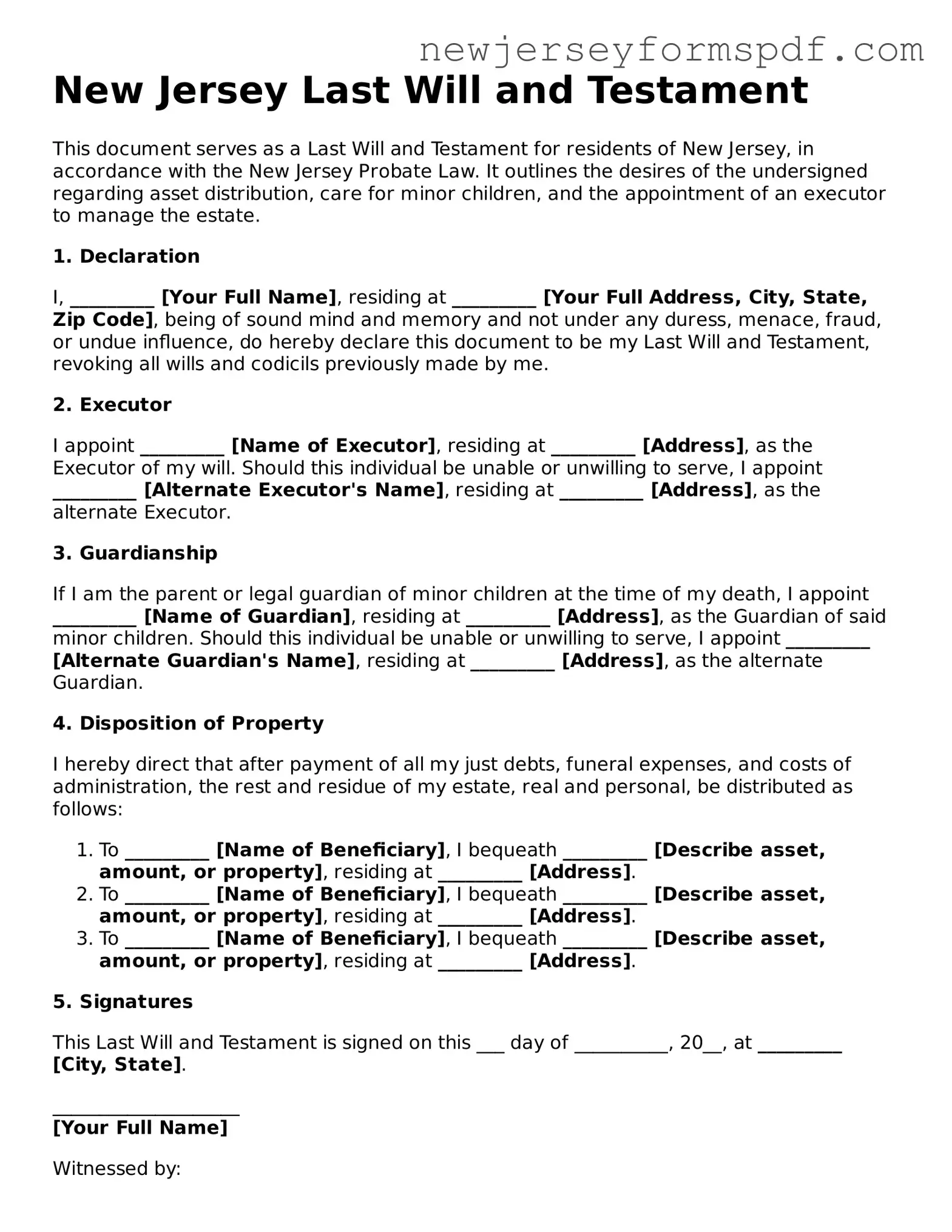 Valid Last Will and Testament Form for the State of New Jersey