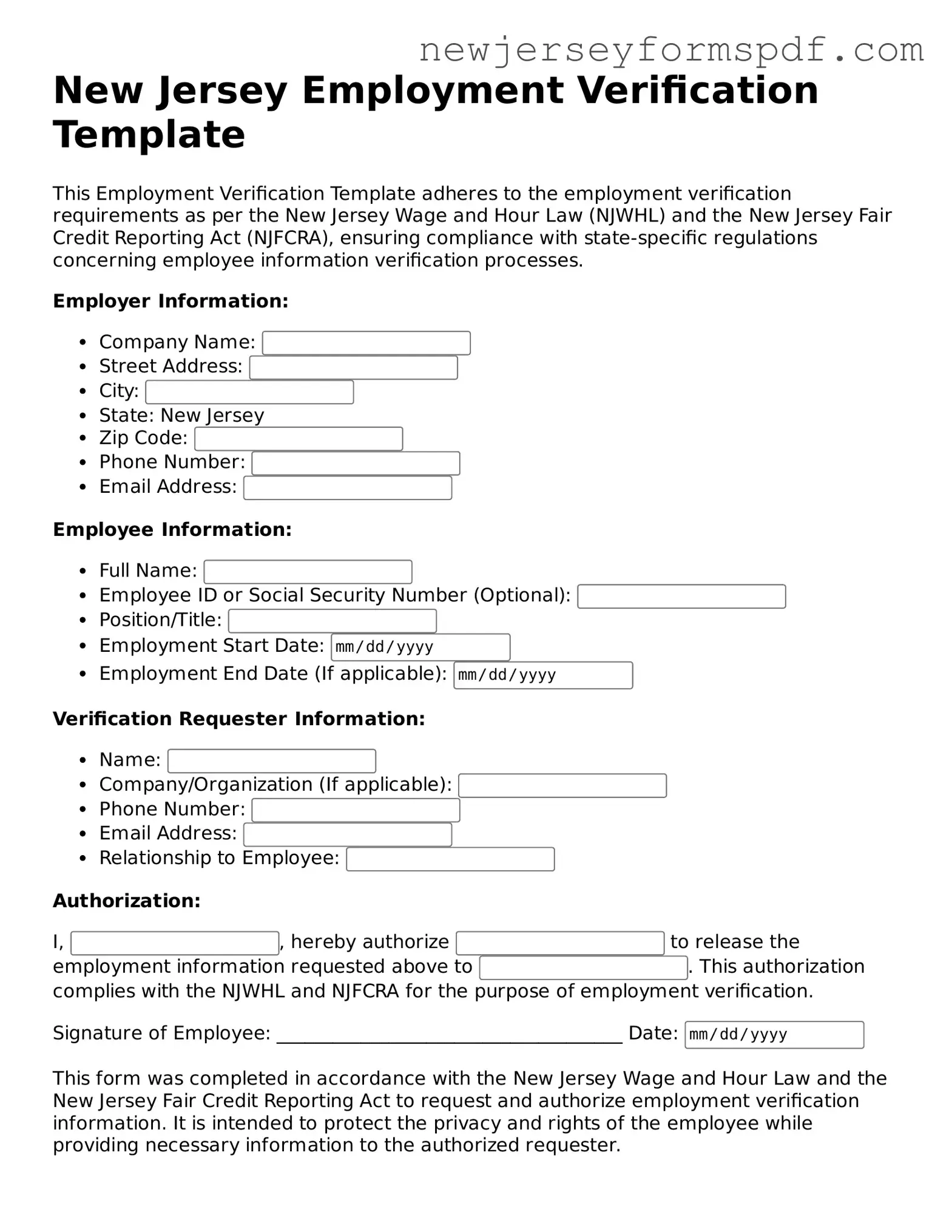 Valid Employment Verification Form for the State of New Jersey
