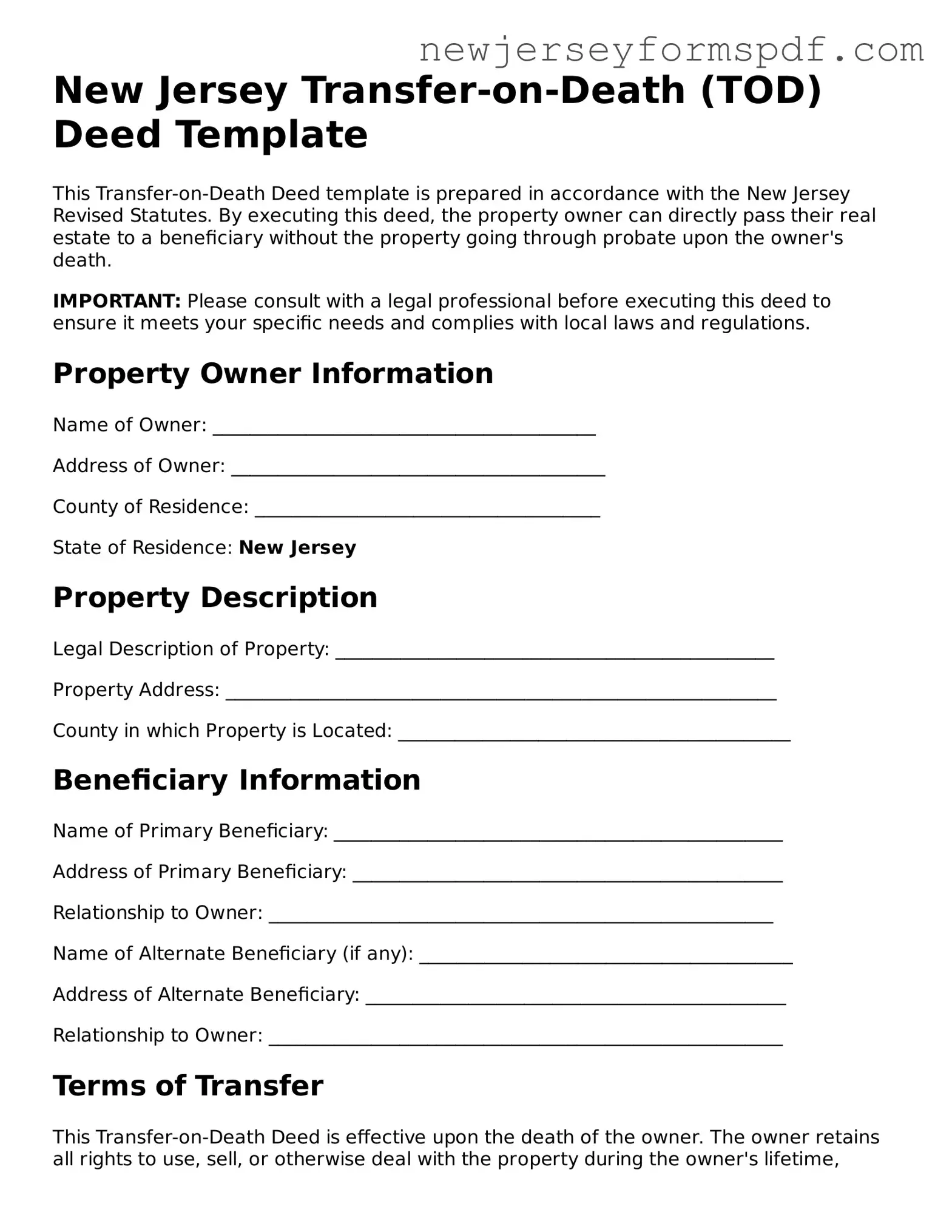 Valid Transfer-on-Death Deed Form for the State of New Jersey