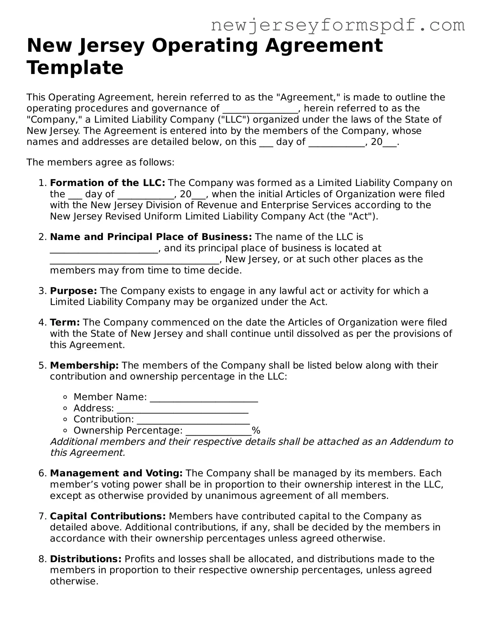 Valid Operating Agreement Form for the State of New Jersey
