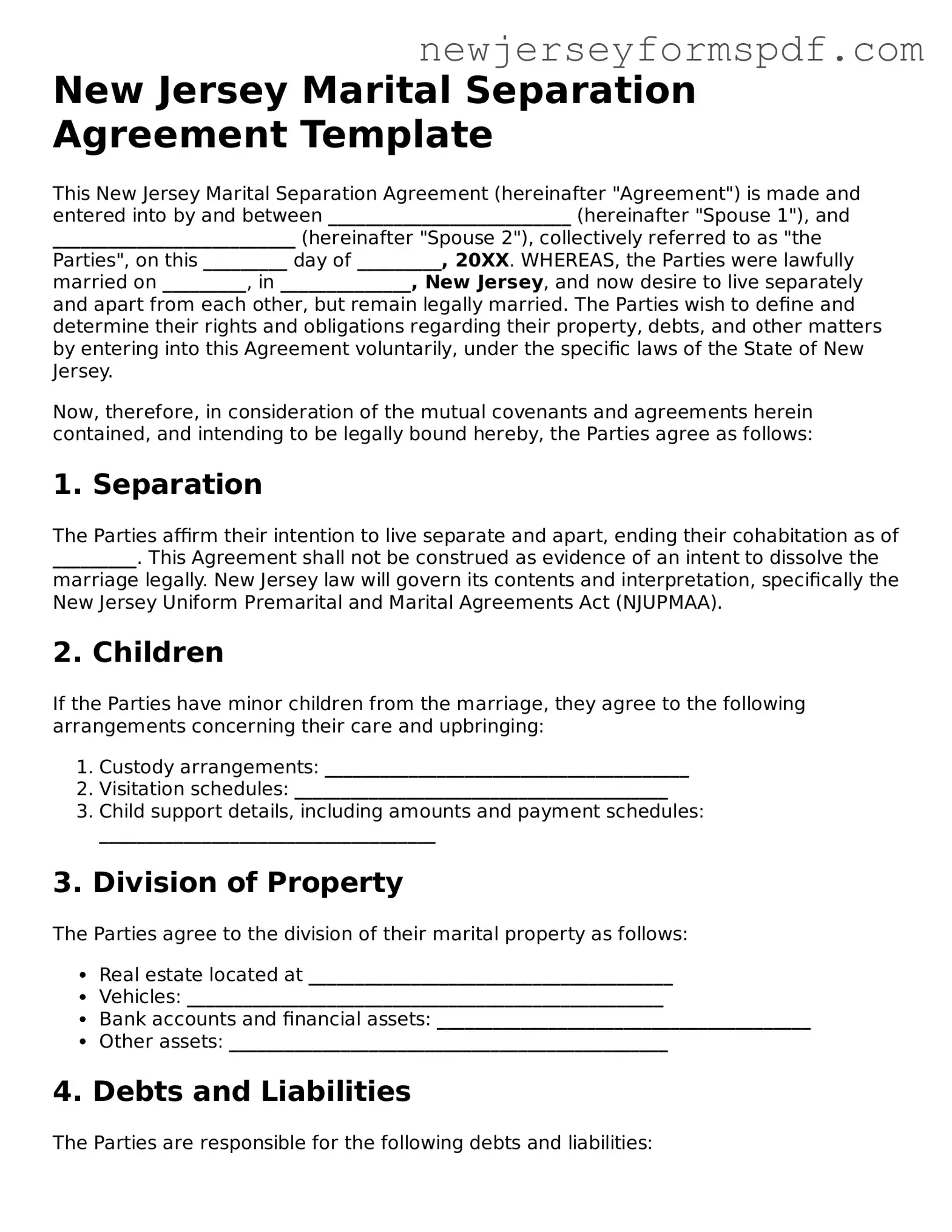 Valid Marital Separation Agreement Form for the State of New Jersey