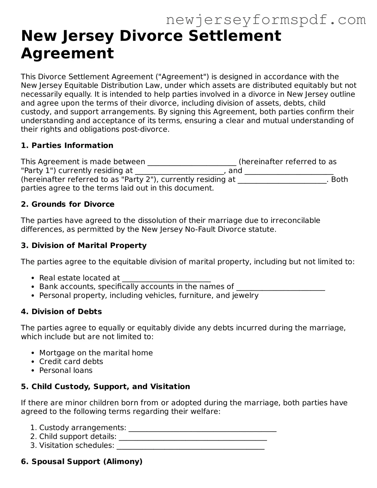 Valid Divorce Settlement Agreement Form for the State of New Jersey