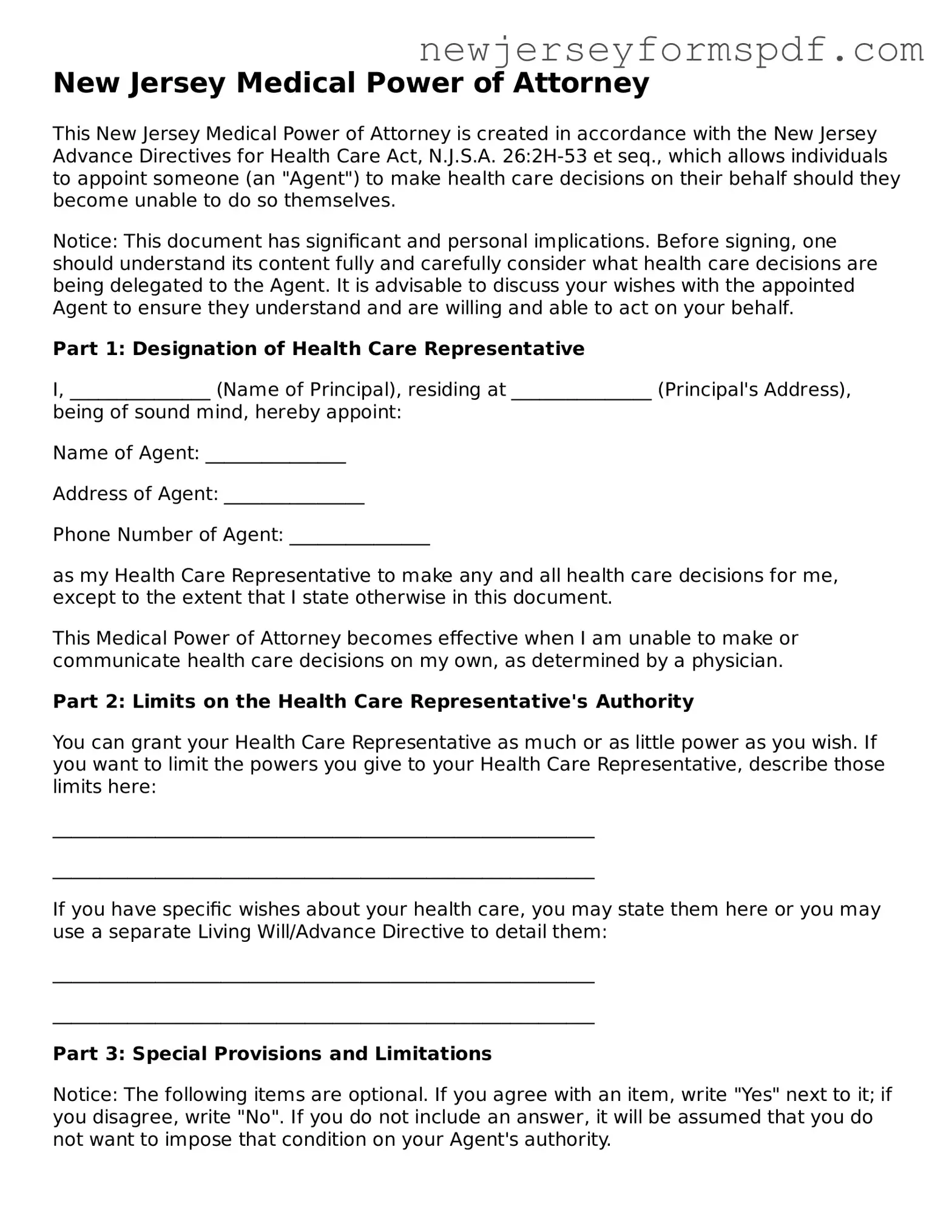 Valid Medical Power of Attorney Form for the State of New Jersey