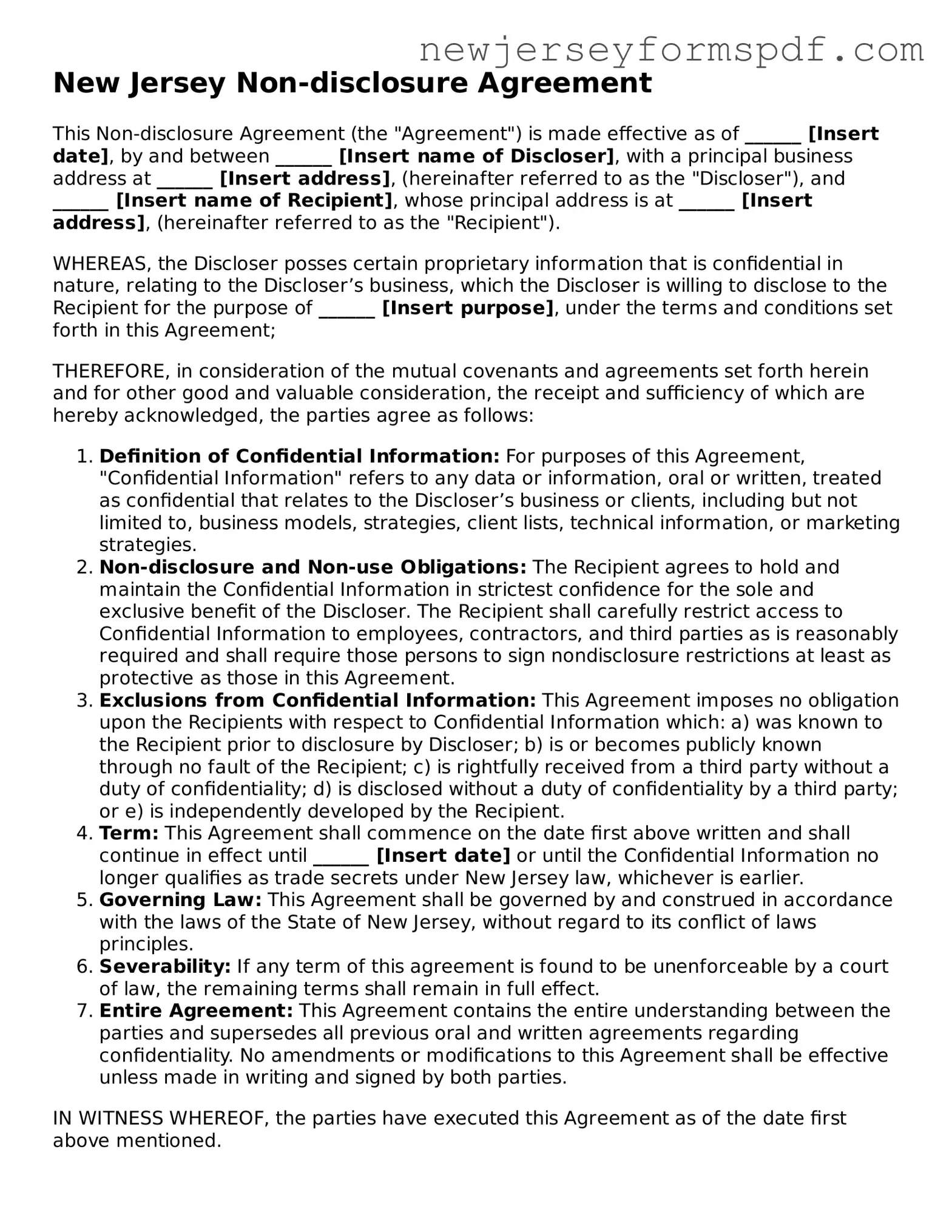 Valid Non-disclosure Agreement Form for the State of New Jersey