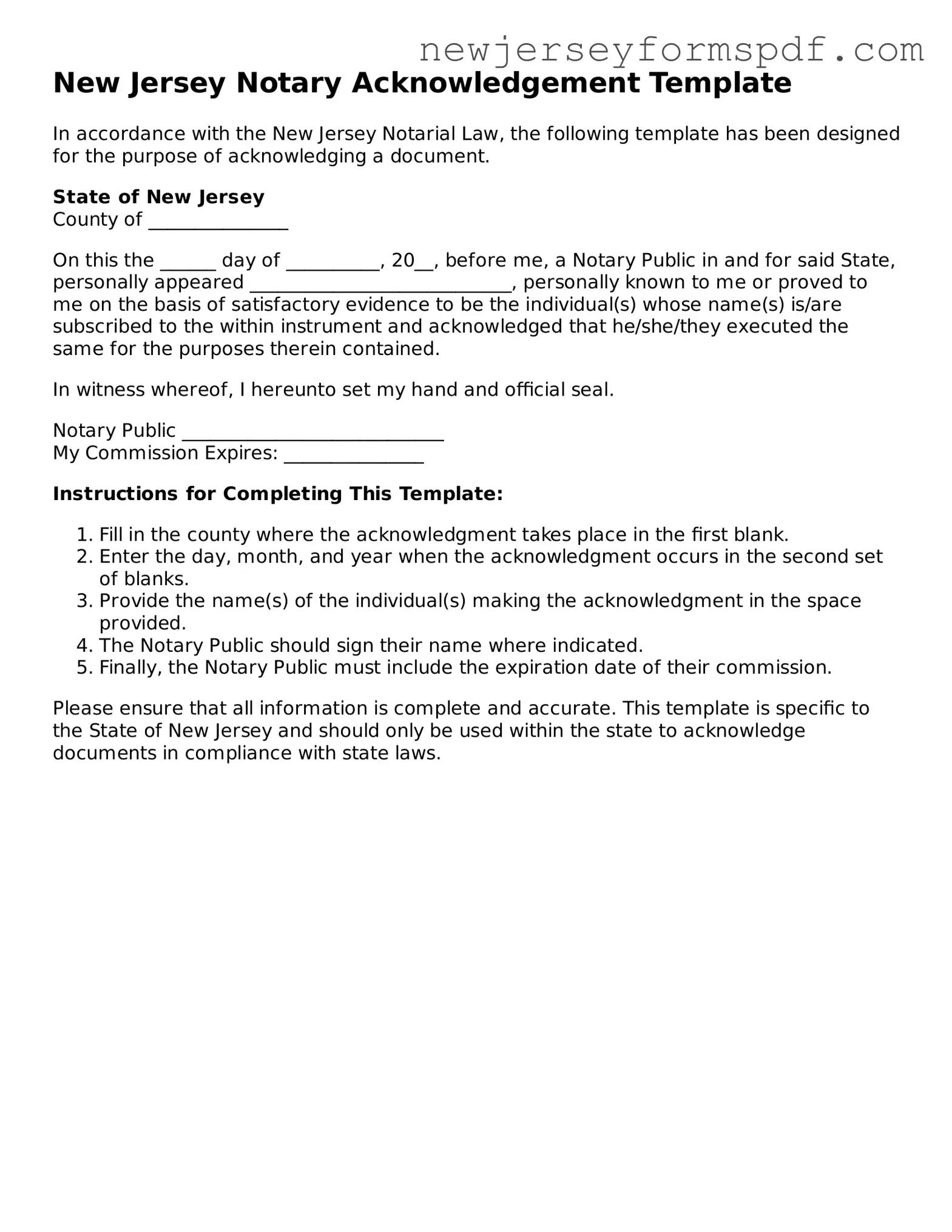 Valid Notary Acknowledgement Form for the State of New Jersey