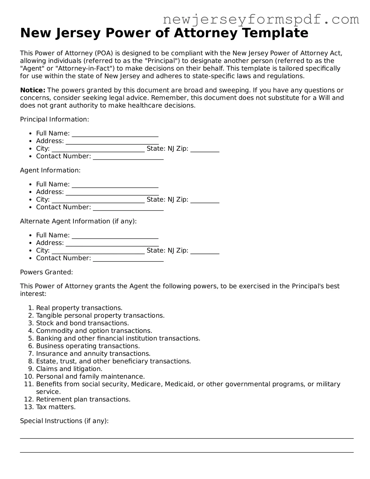 Valid Power of Attorney Form for the State of New Jersey