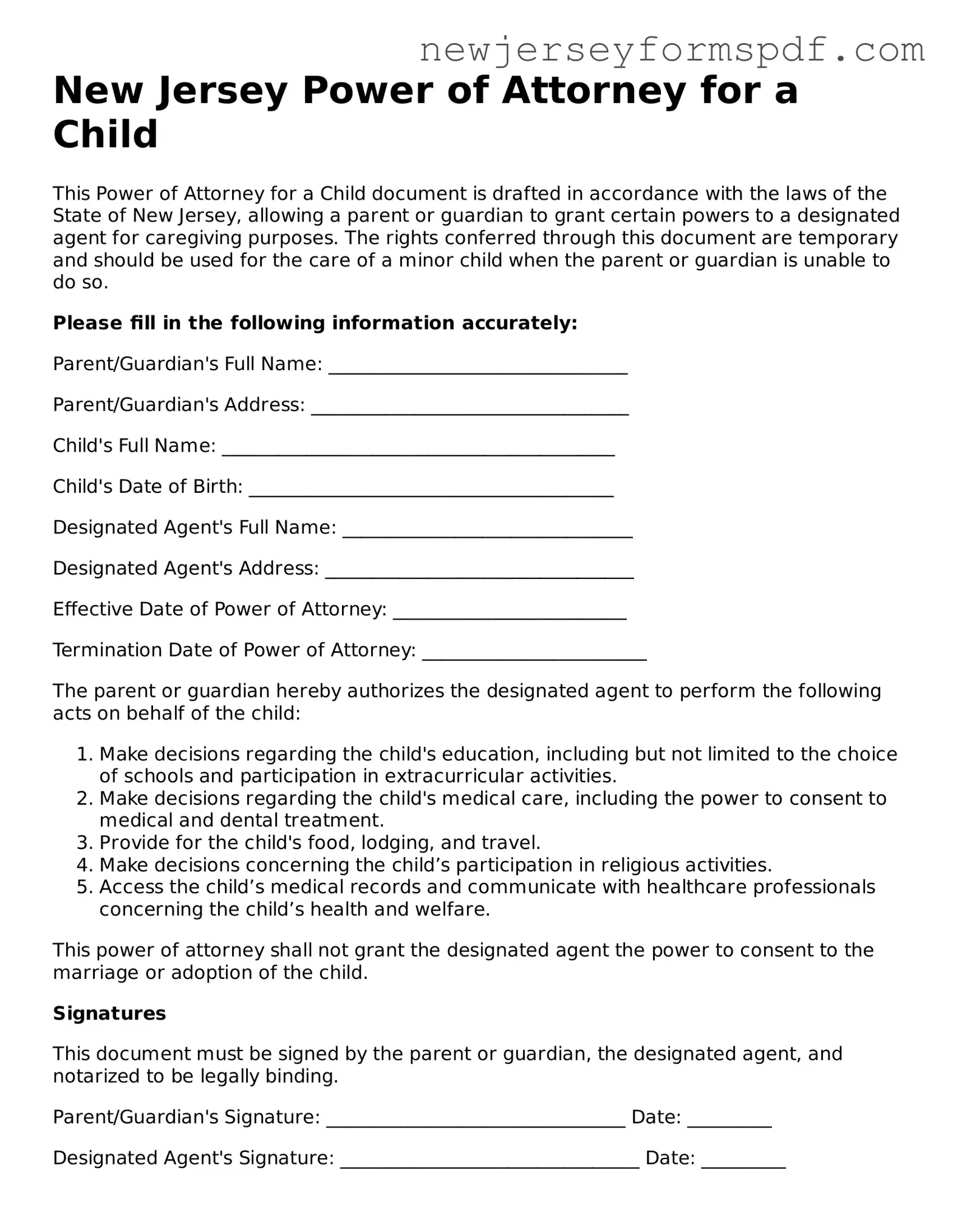 Valid Power of Attorney for a Child Form for the State of New Jersey