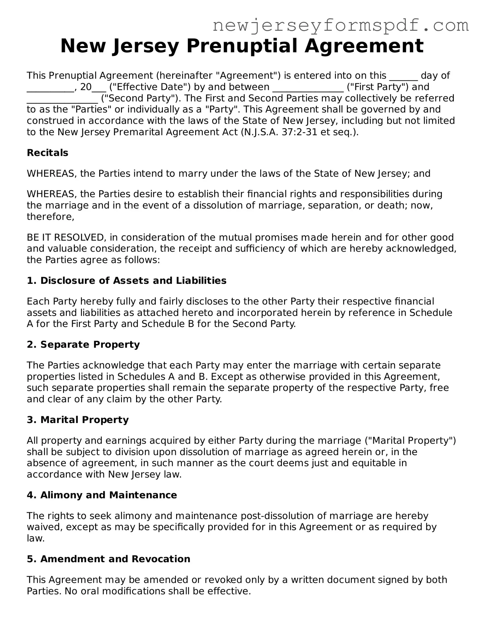 Valid Prenuptial Agreement Form for the State of New Jersey