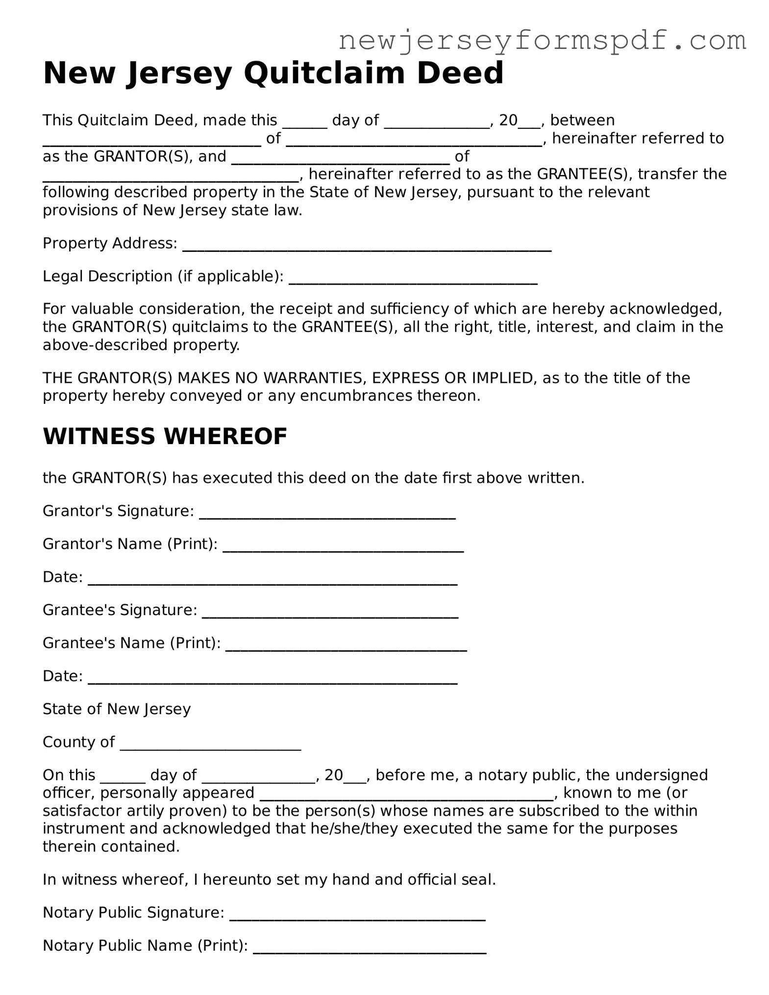 Valid Quitclaim Deed Form for the State of New Jersey