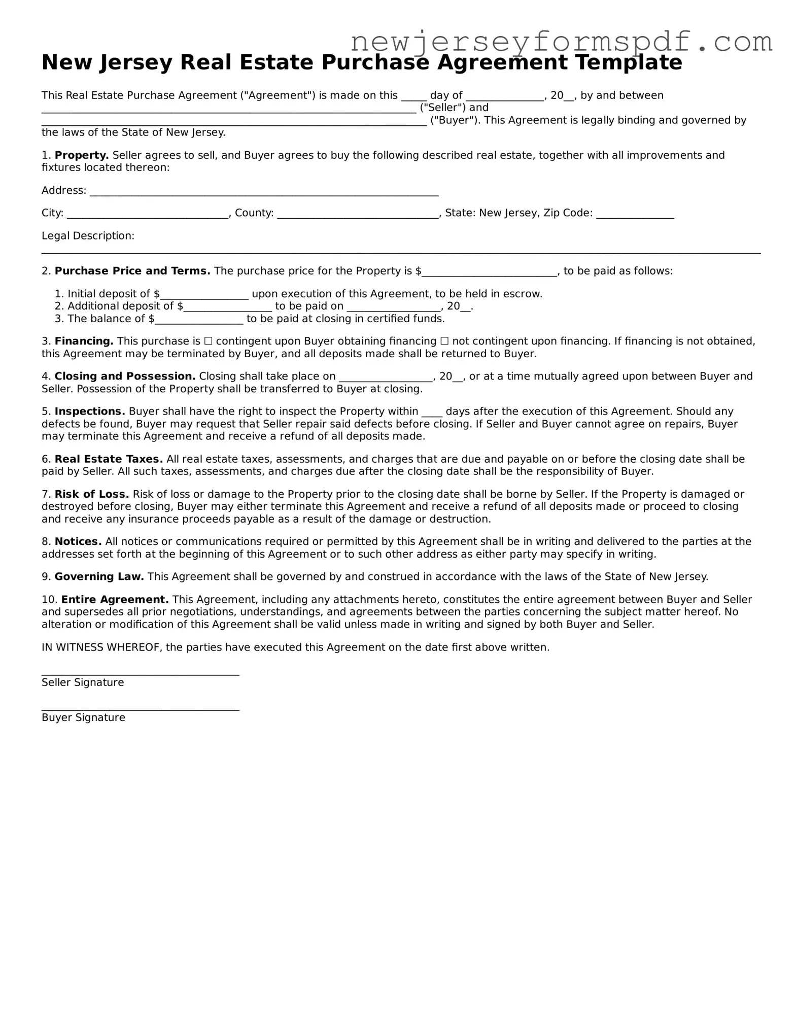 Valid Real Estate Purchase Agreement Form for the State of New Jersey