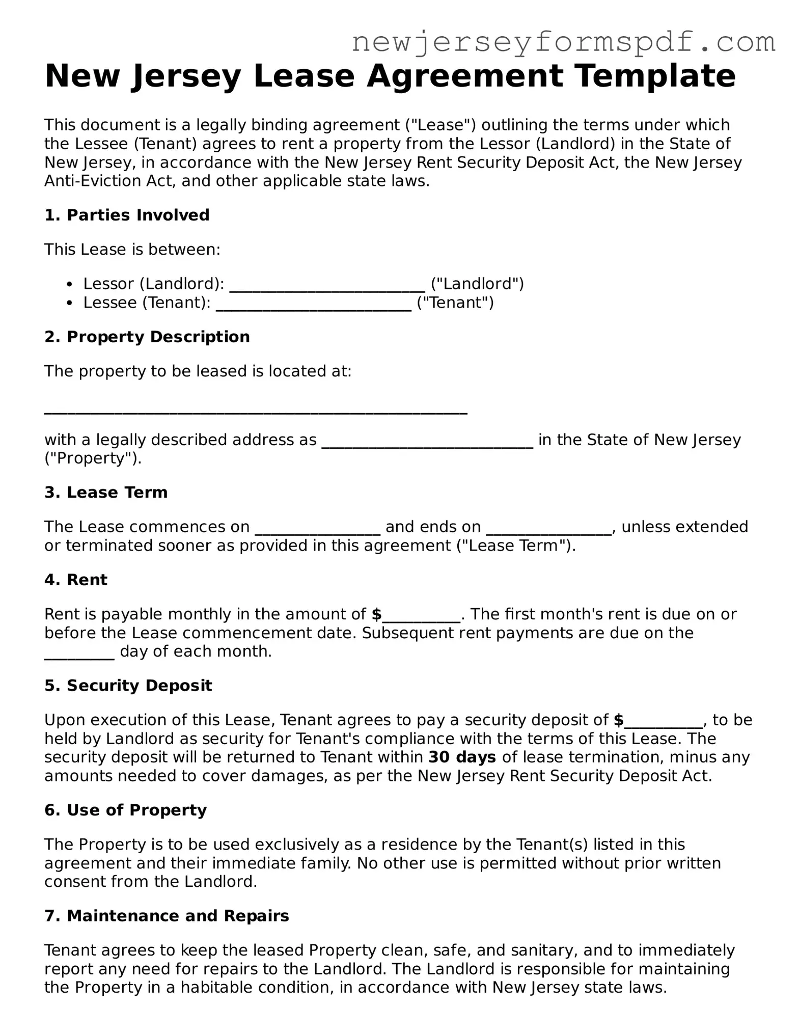 Valid Lease Agreement Form for the State of New Jersey