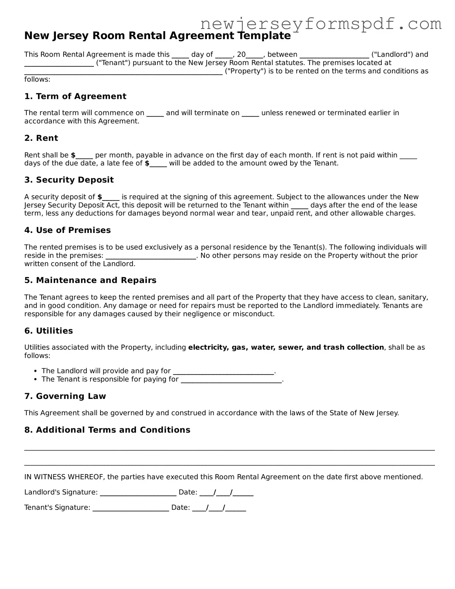 Valid Room Rental Agreement Form for the State of New Jersey