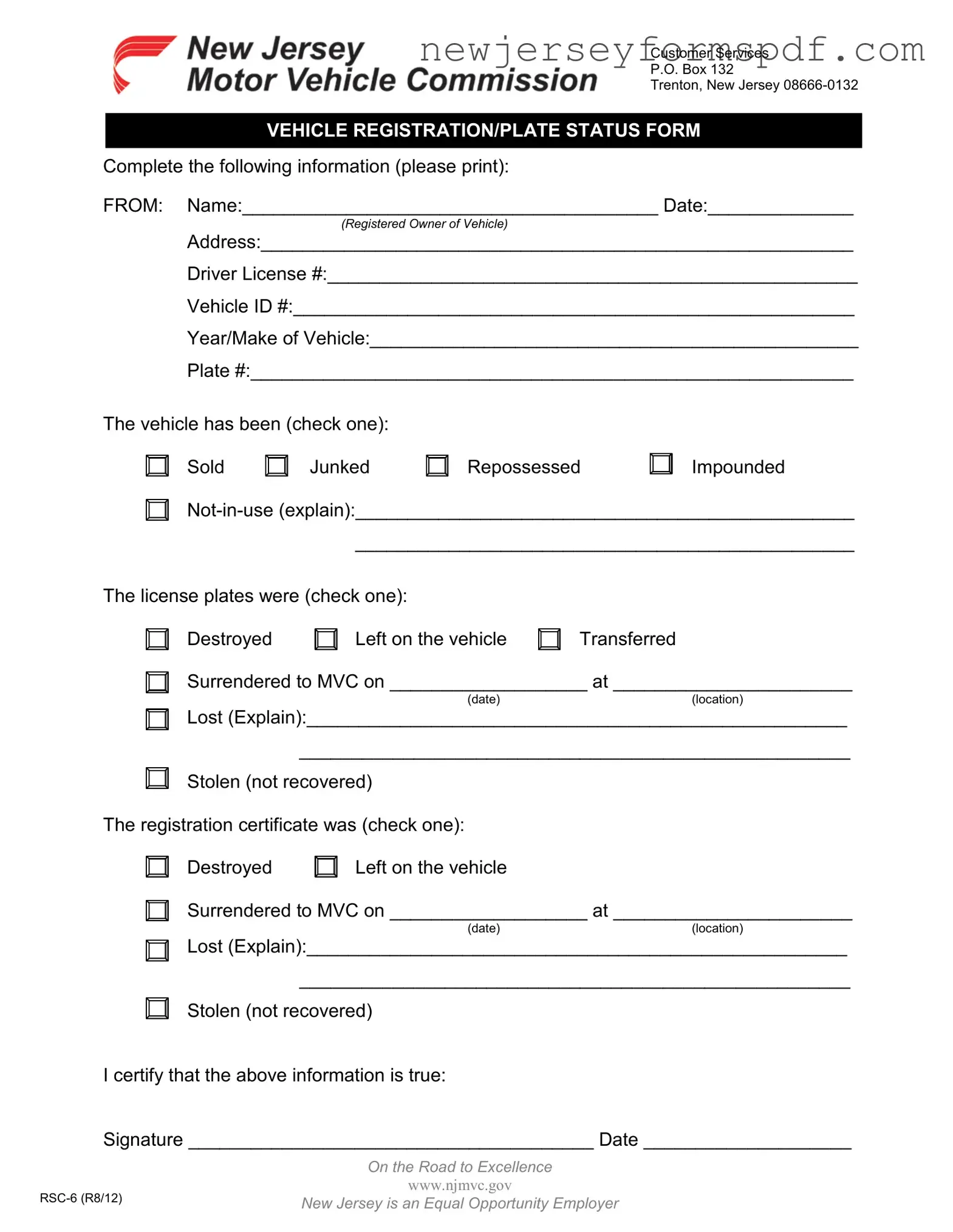 Fill Out a Valid New Jersey Rsc 6 Template