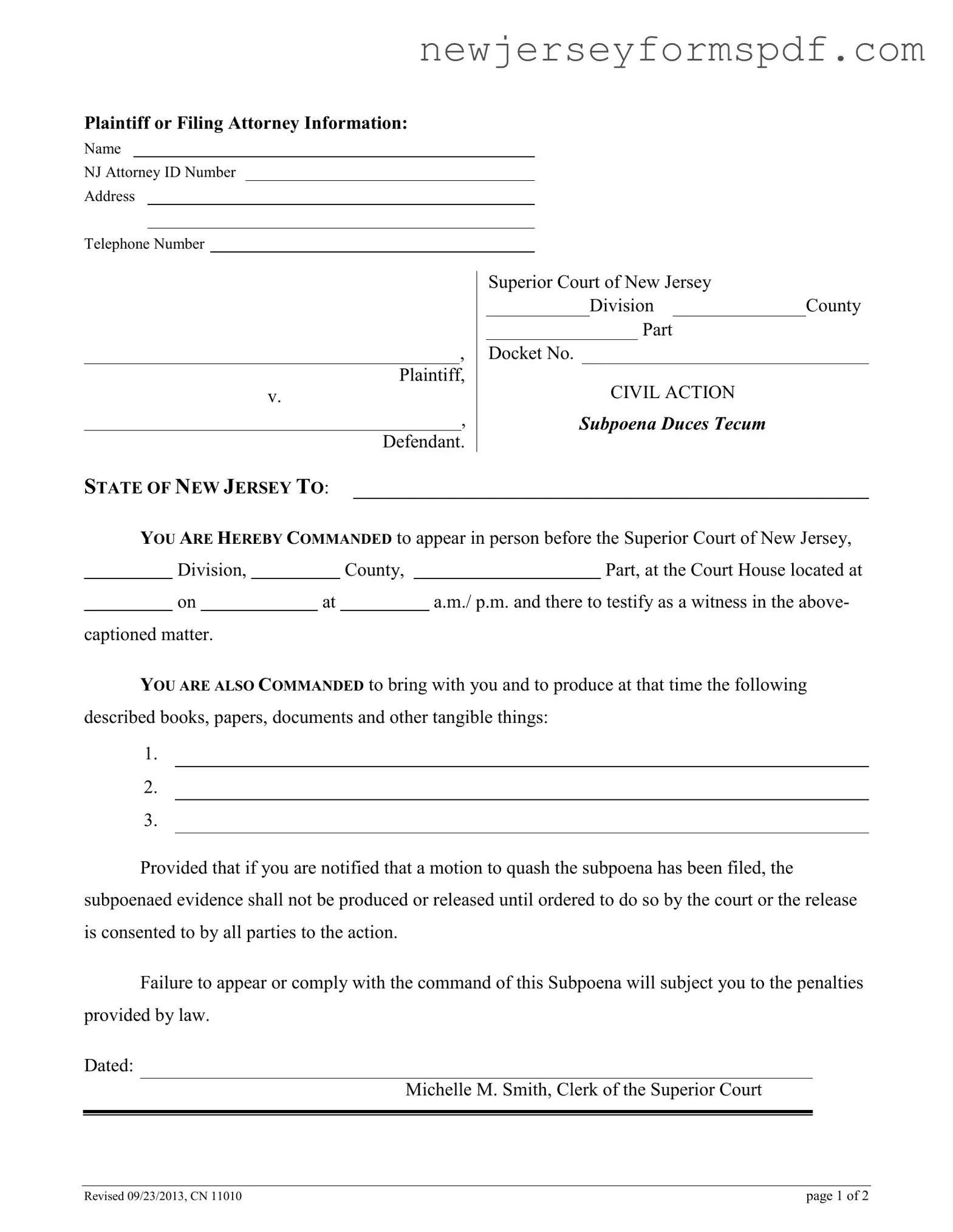 Fill Out a Valid New Jersey Subpoena Template