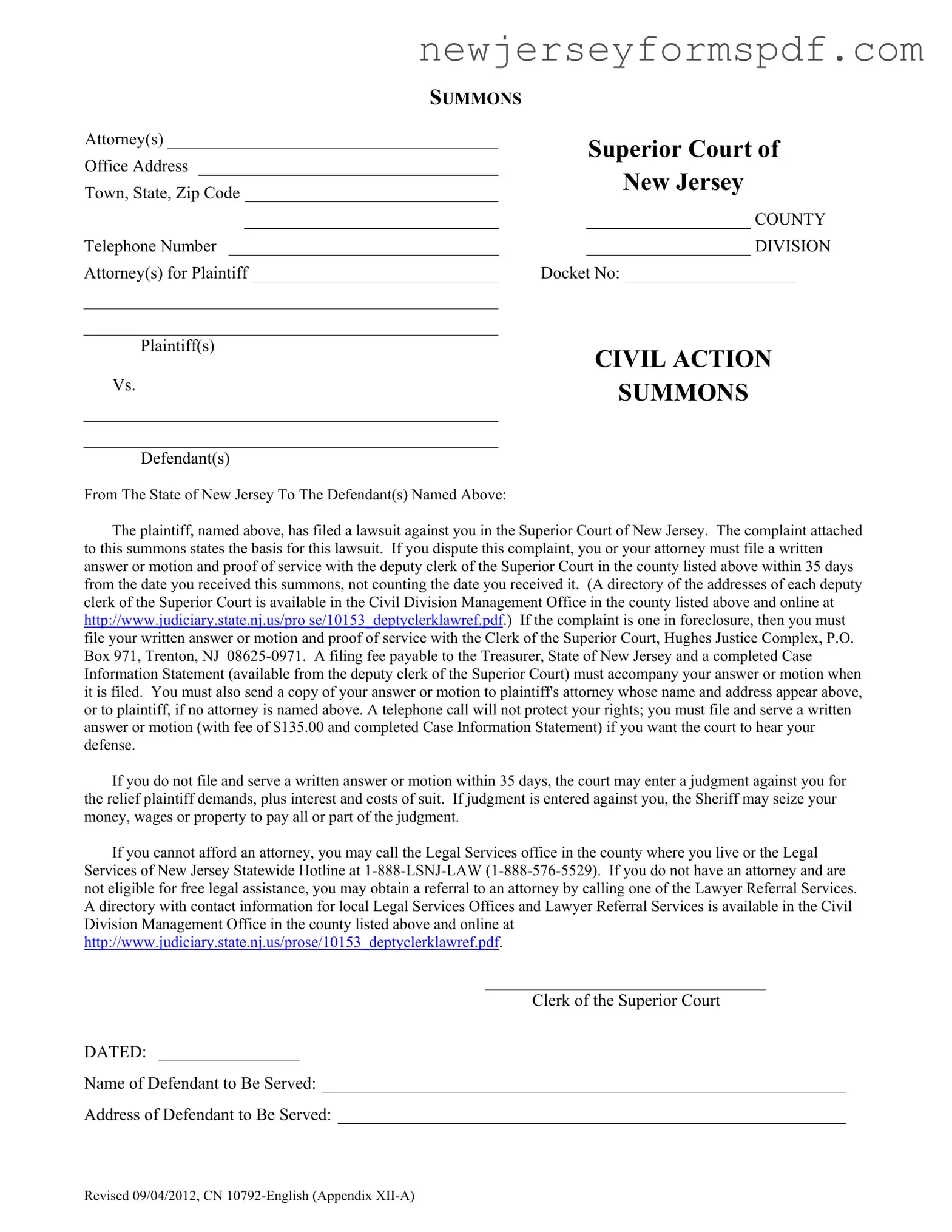 Fill Out a Valid New Jersey Summons Template