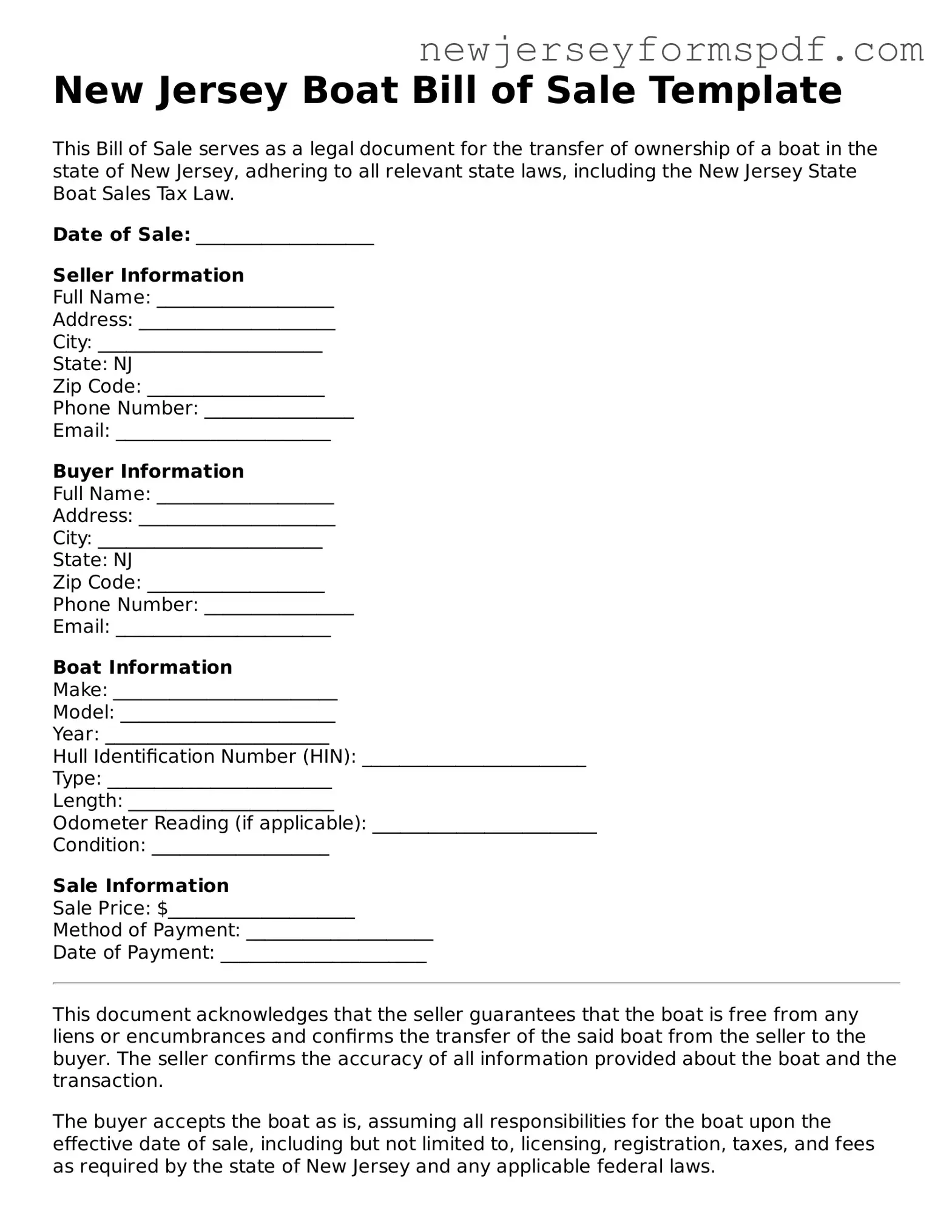 Valid Boat Bill of Sale Form for the State of New Jersey
