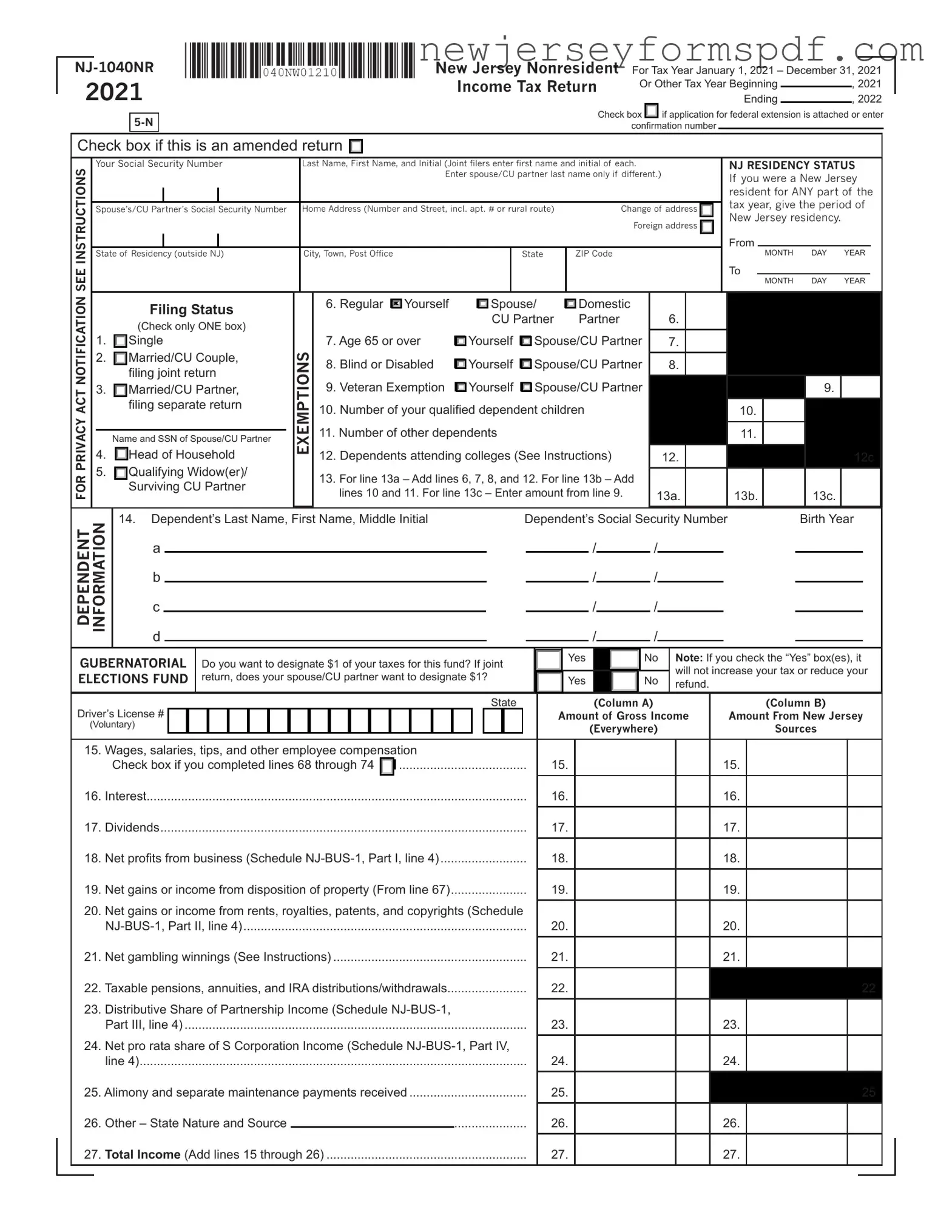 Fill Out a Valid Nj 1040Nr Template