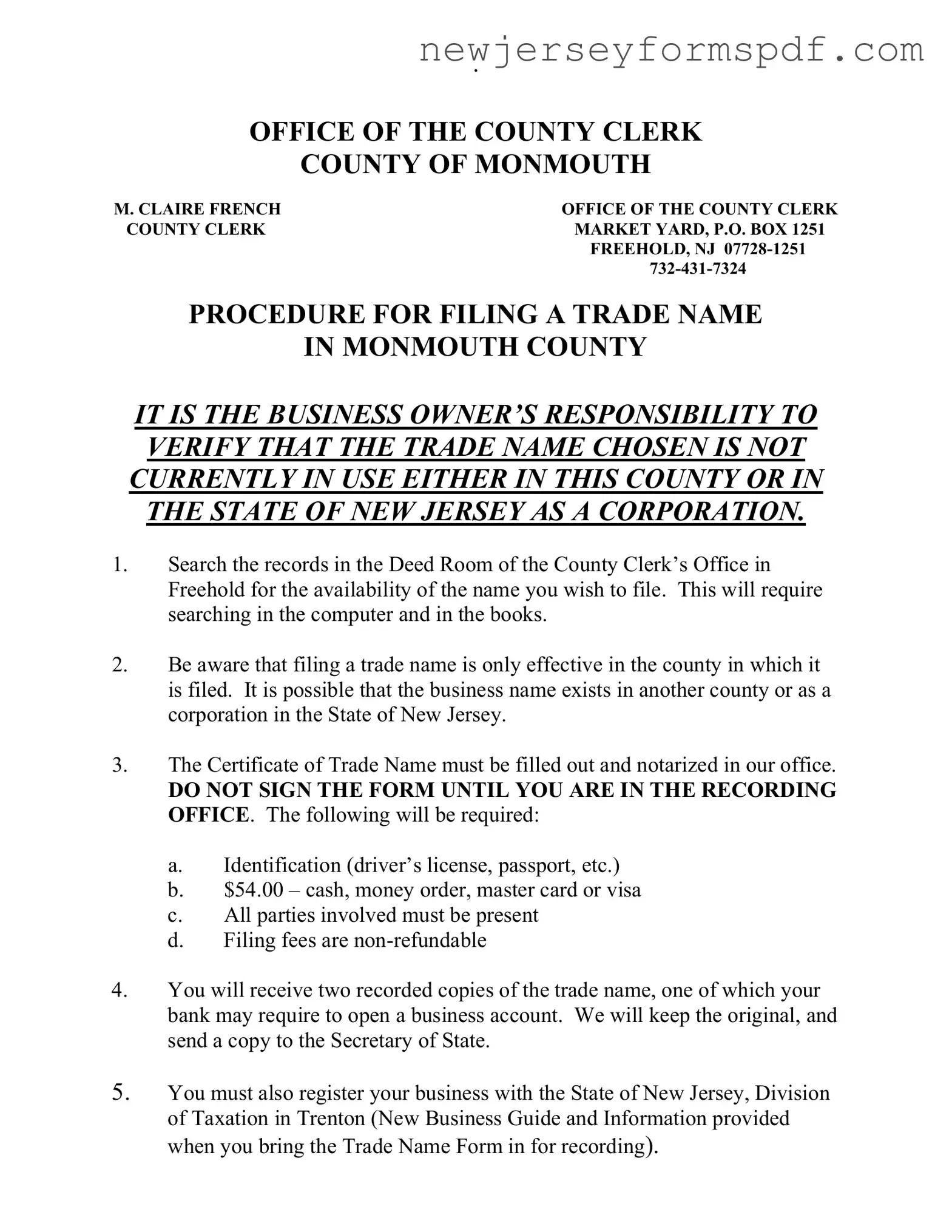 Fill Out a Valid Nj Business Names Monmouth County Template