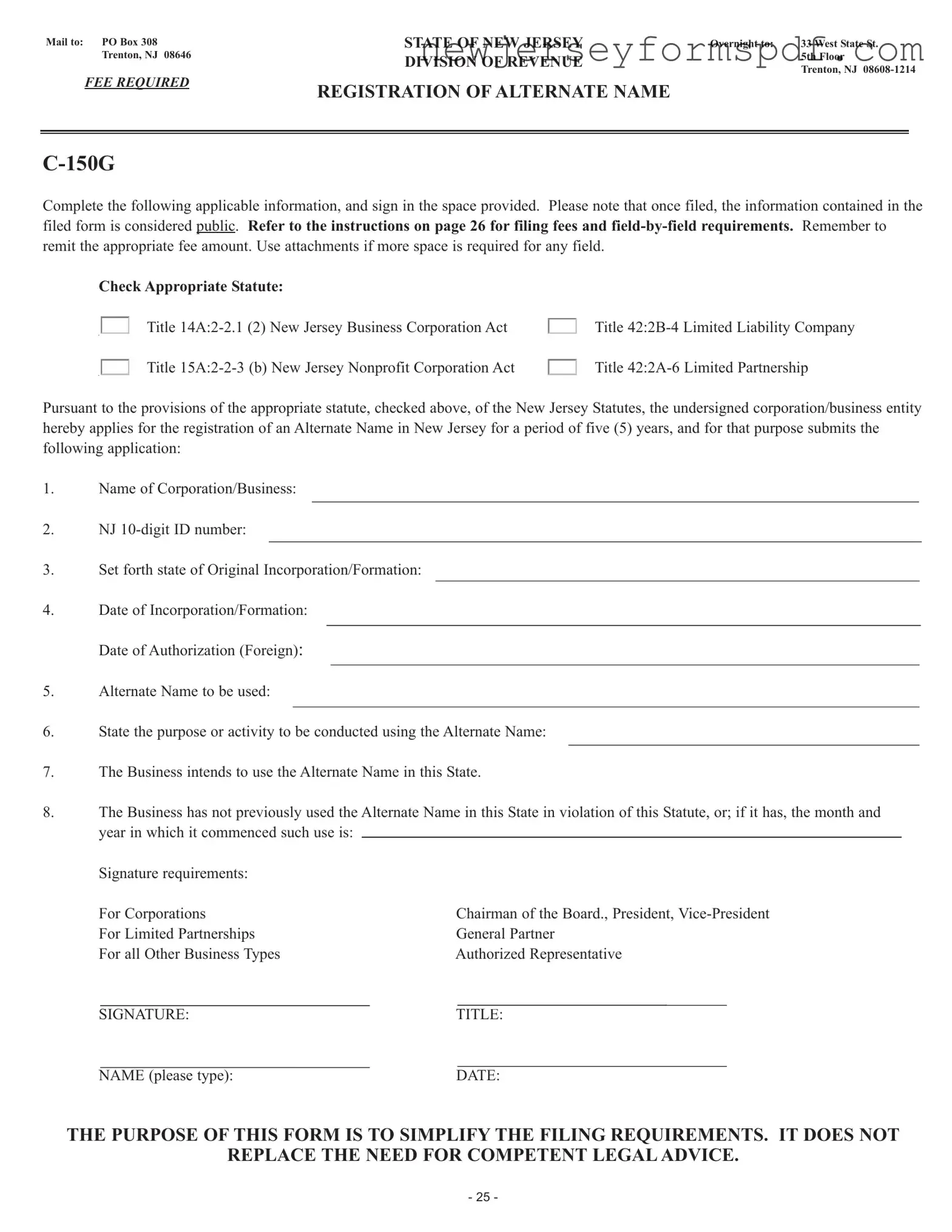 Fill Out a Valid Nj C 150G Template