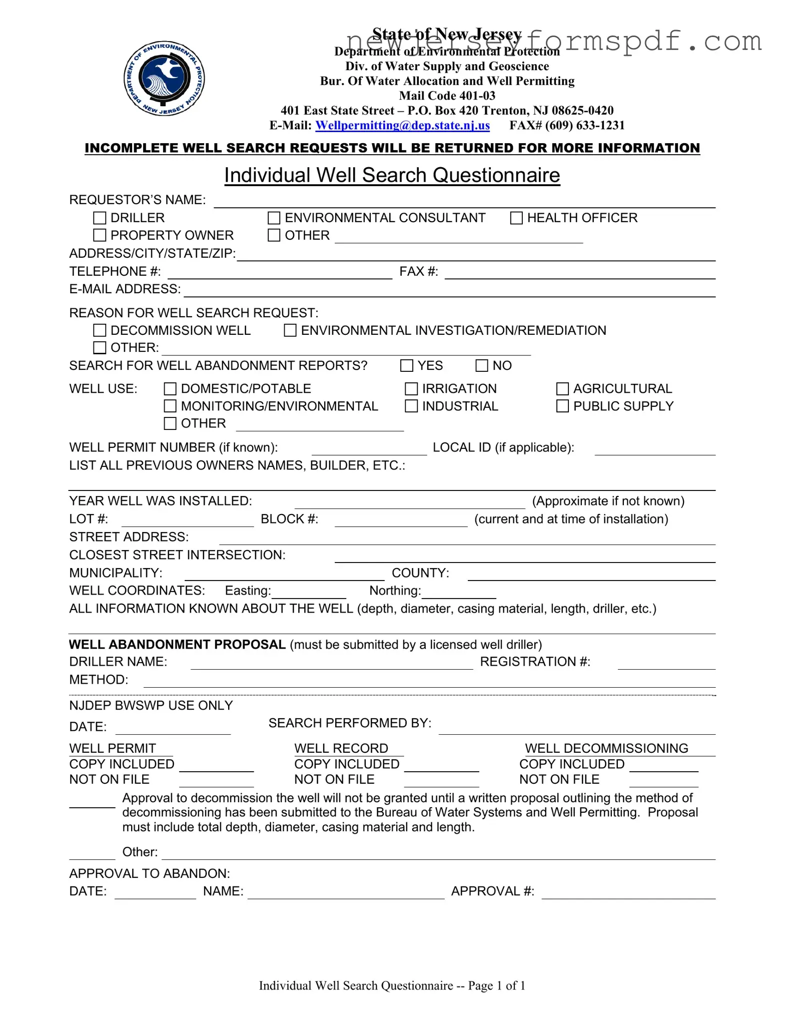 Fill Out a Valid Nj Dep Well Search Template