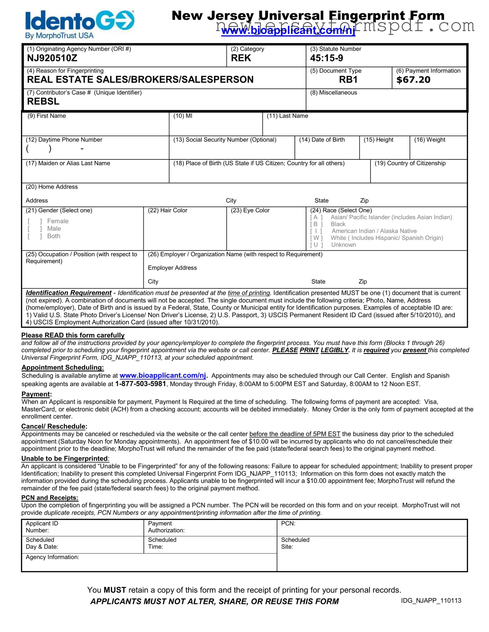 Fill Out a Valid Nj Fingerprint Template