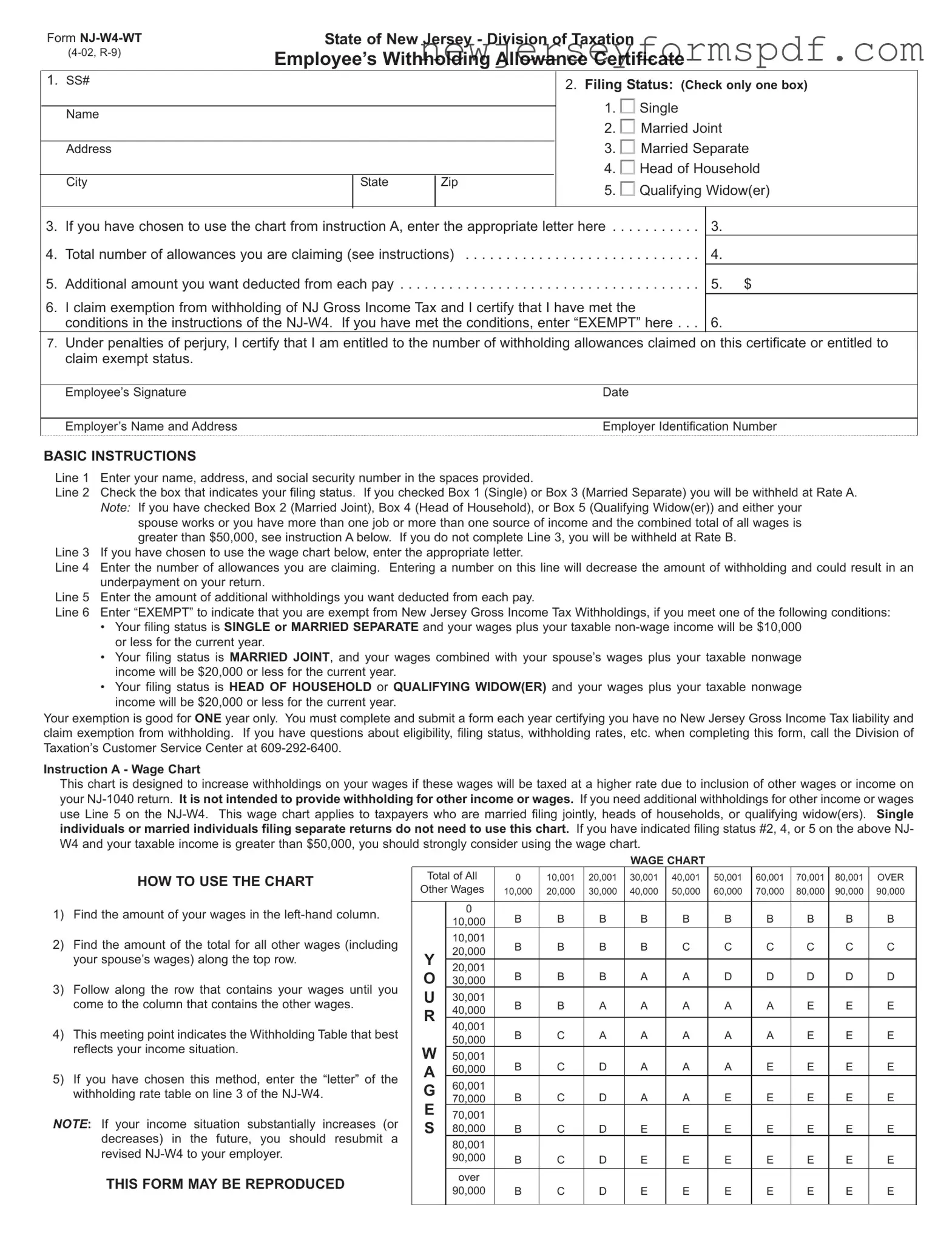 Fill Out a Valid Nj W4 Wt Template