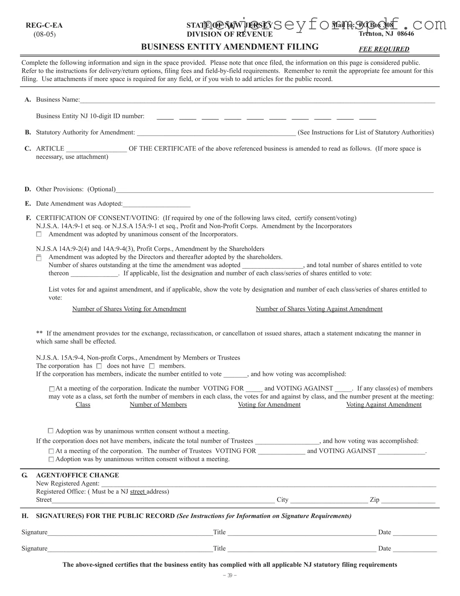 Fill Out a Valid Reg C Ea New Jersey Template