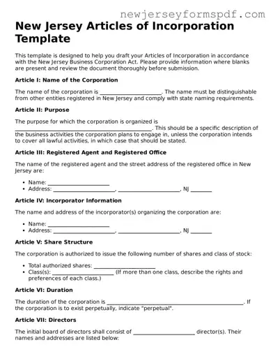 Valid Articles of Incorporation Form for the State of New Jersey